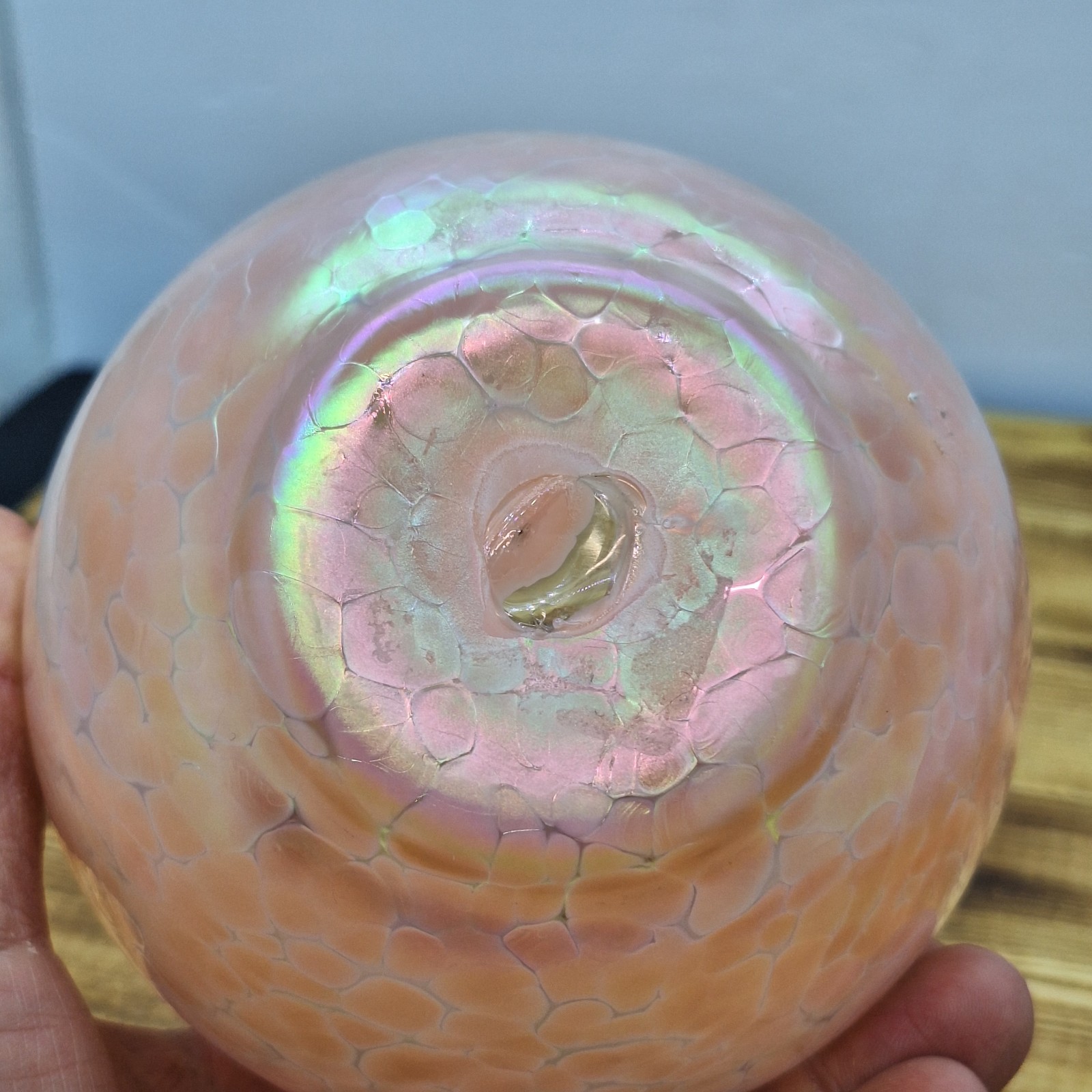 Pink Iridescent Studio Art Glass Hand Blown Vase Spotted 5.5 Inch Pontil