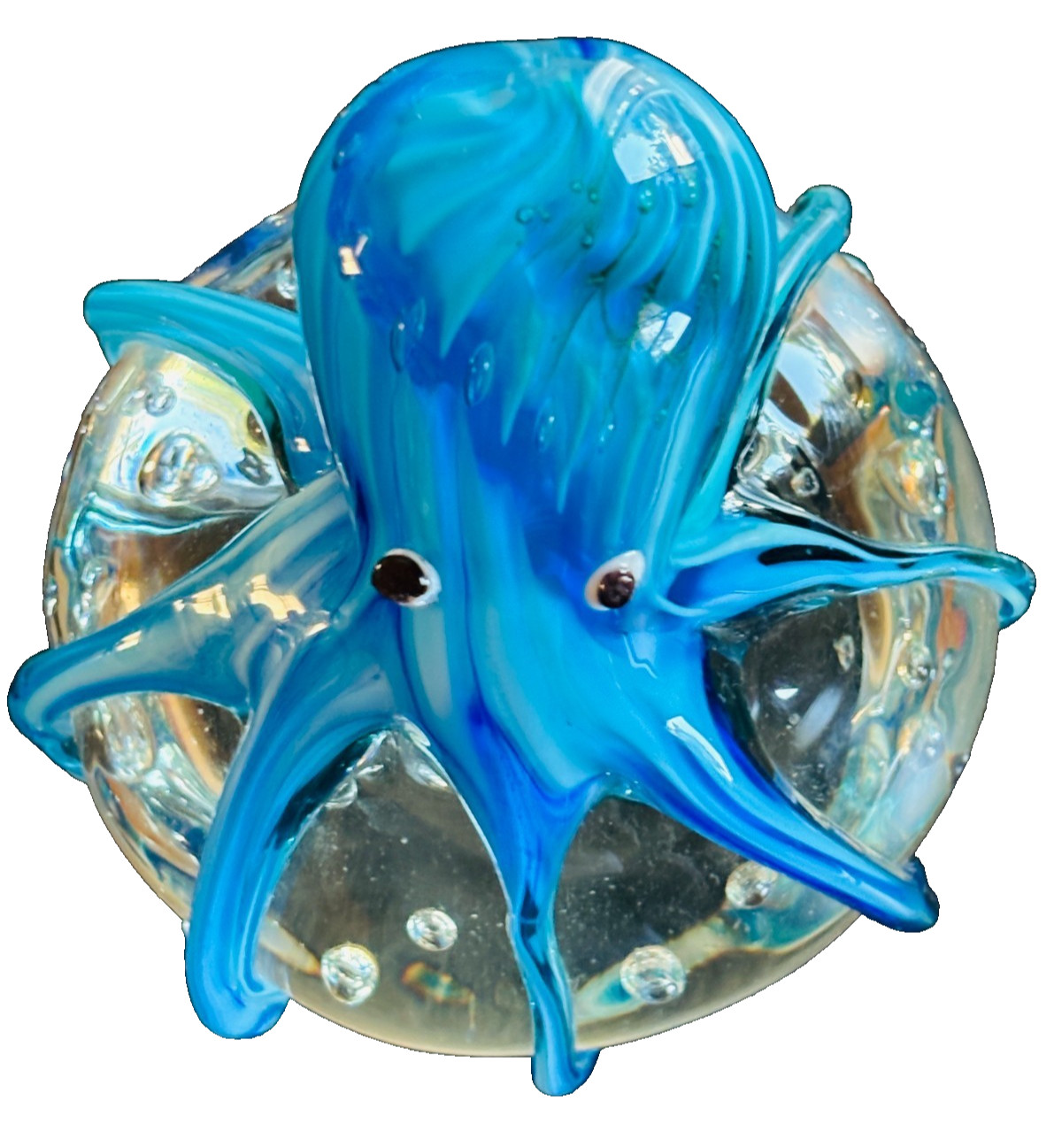 Hand Blown Glass Octopus Paperweight Blue Clear Figurine Murano Style Nautical