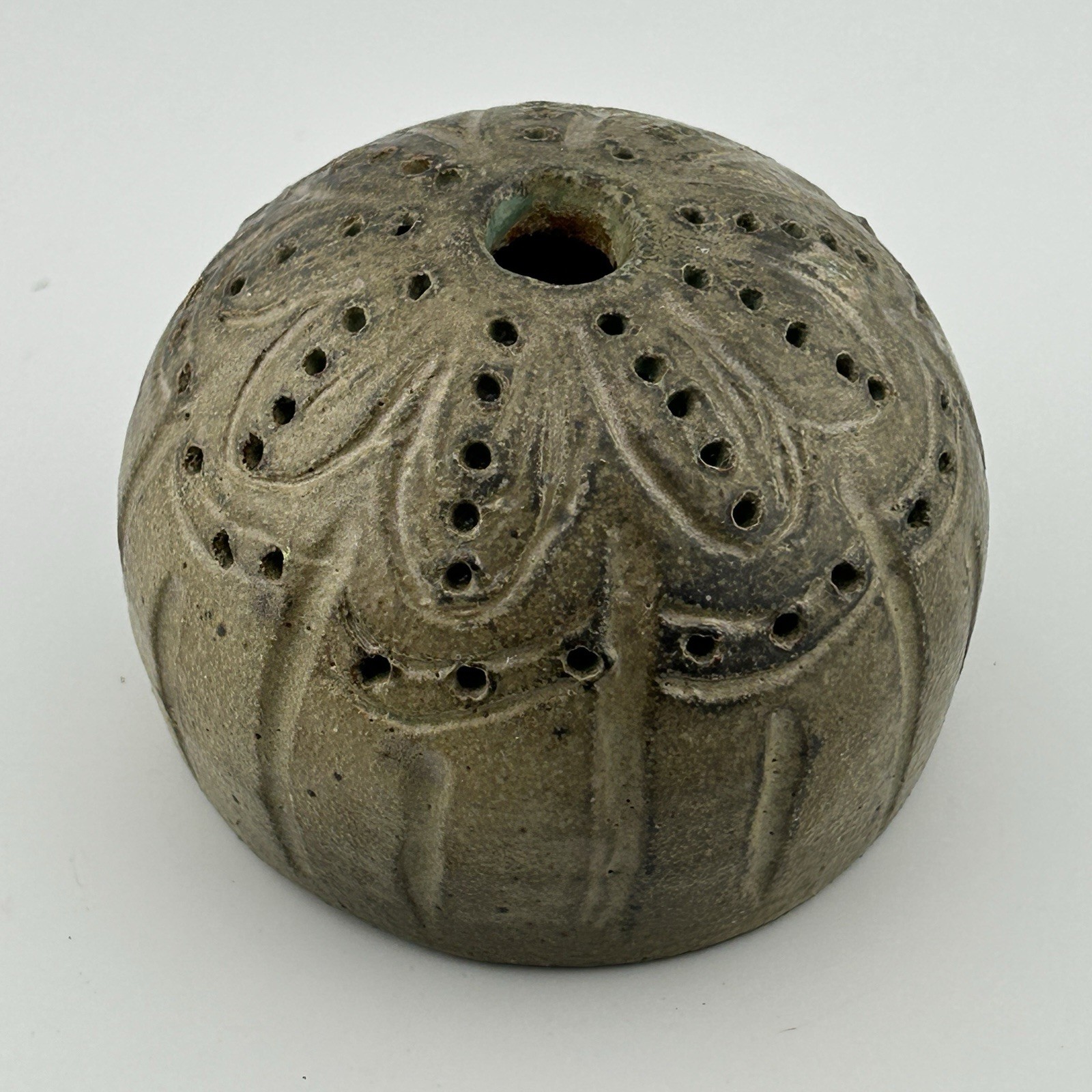 Stoneware Weed Pot, JM Sunburst Mark, Pierced Seed-Pod Carved, 1970s Vintage