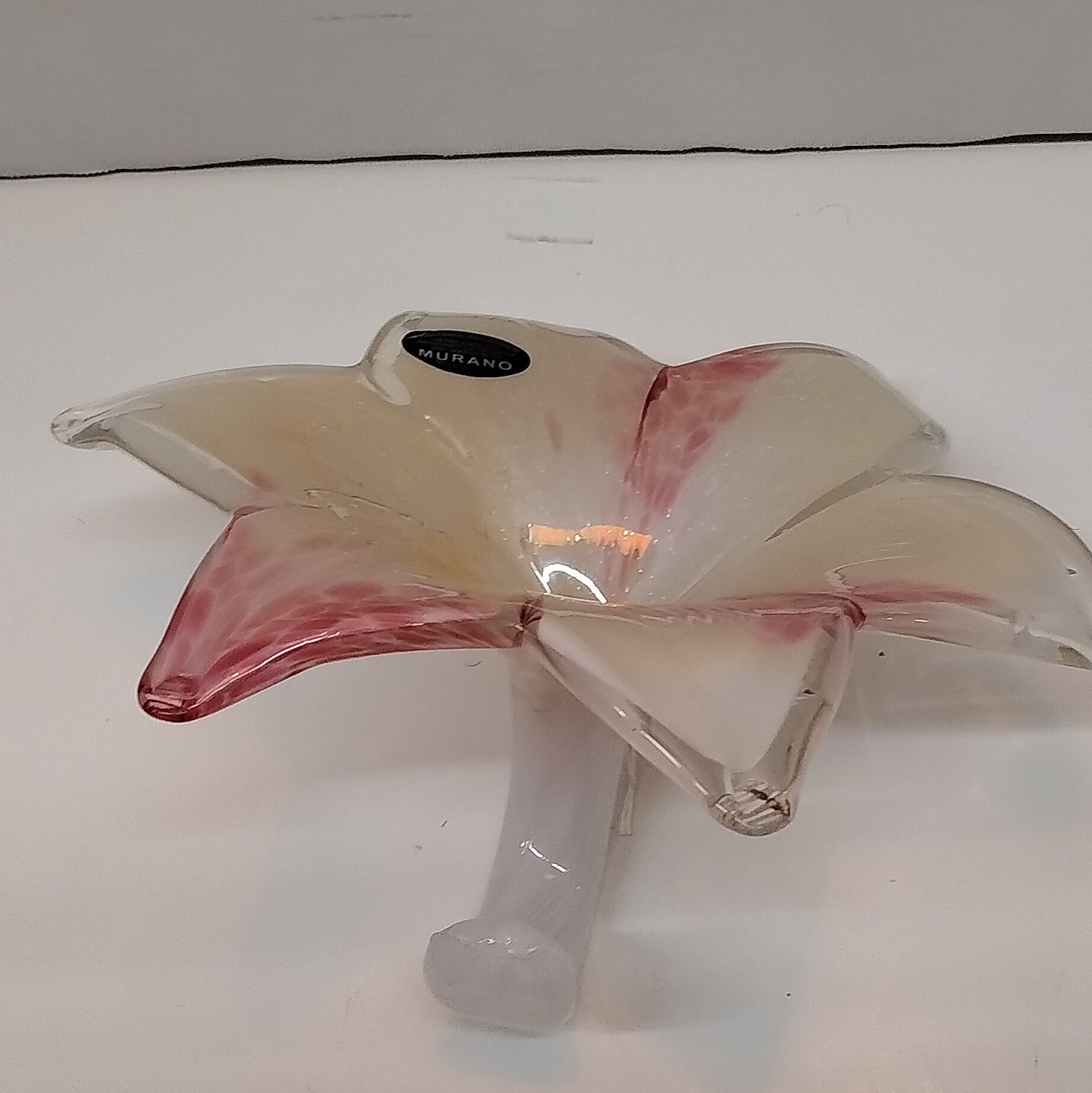 Murano Art Glass Flower Vase Clear White Pink Gold Glossy, Made in Italy