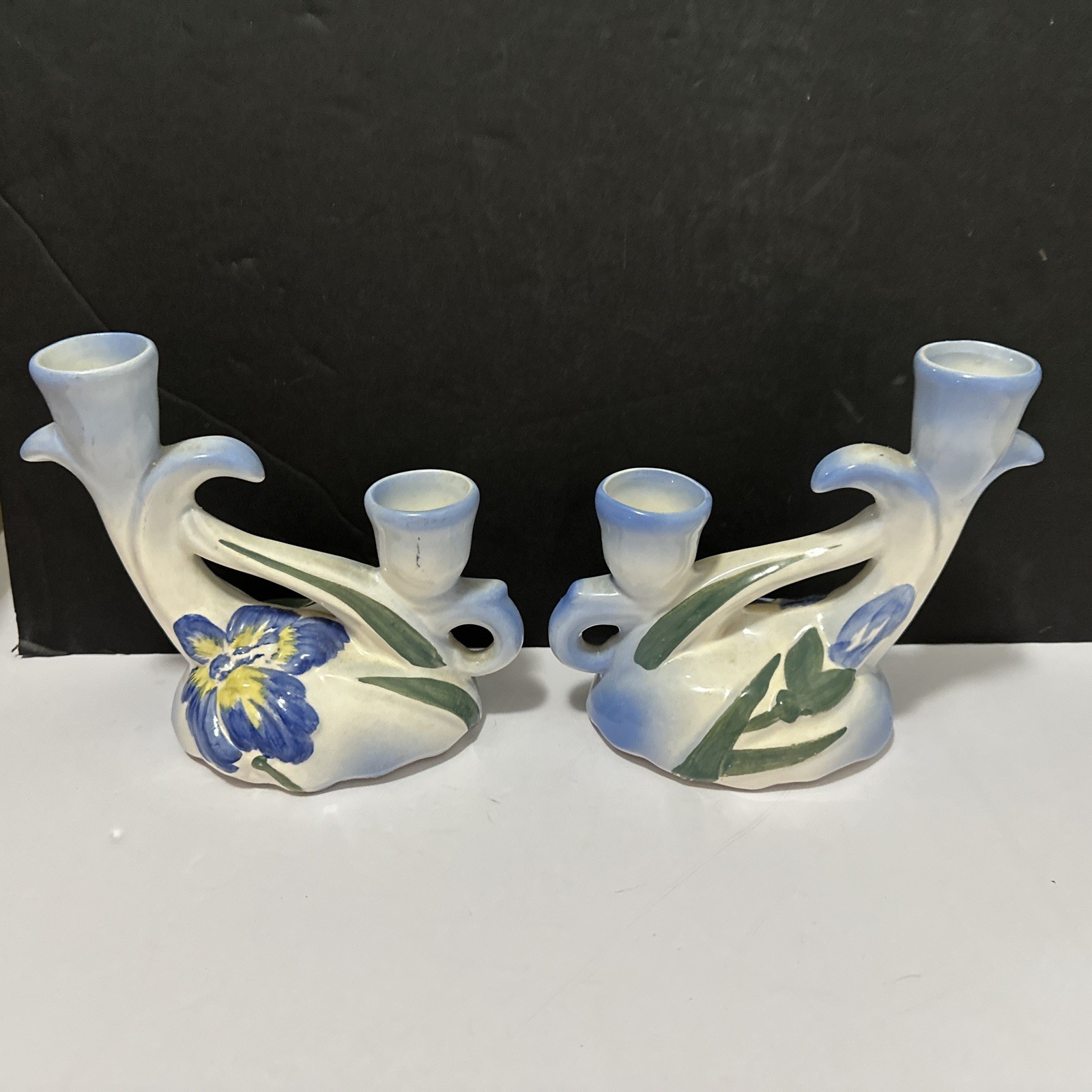Camark Pottery Blue Iris Candlestick Holder Pair Set Of Two USA