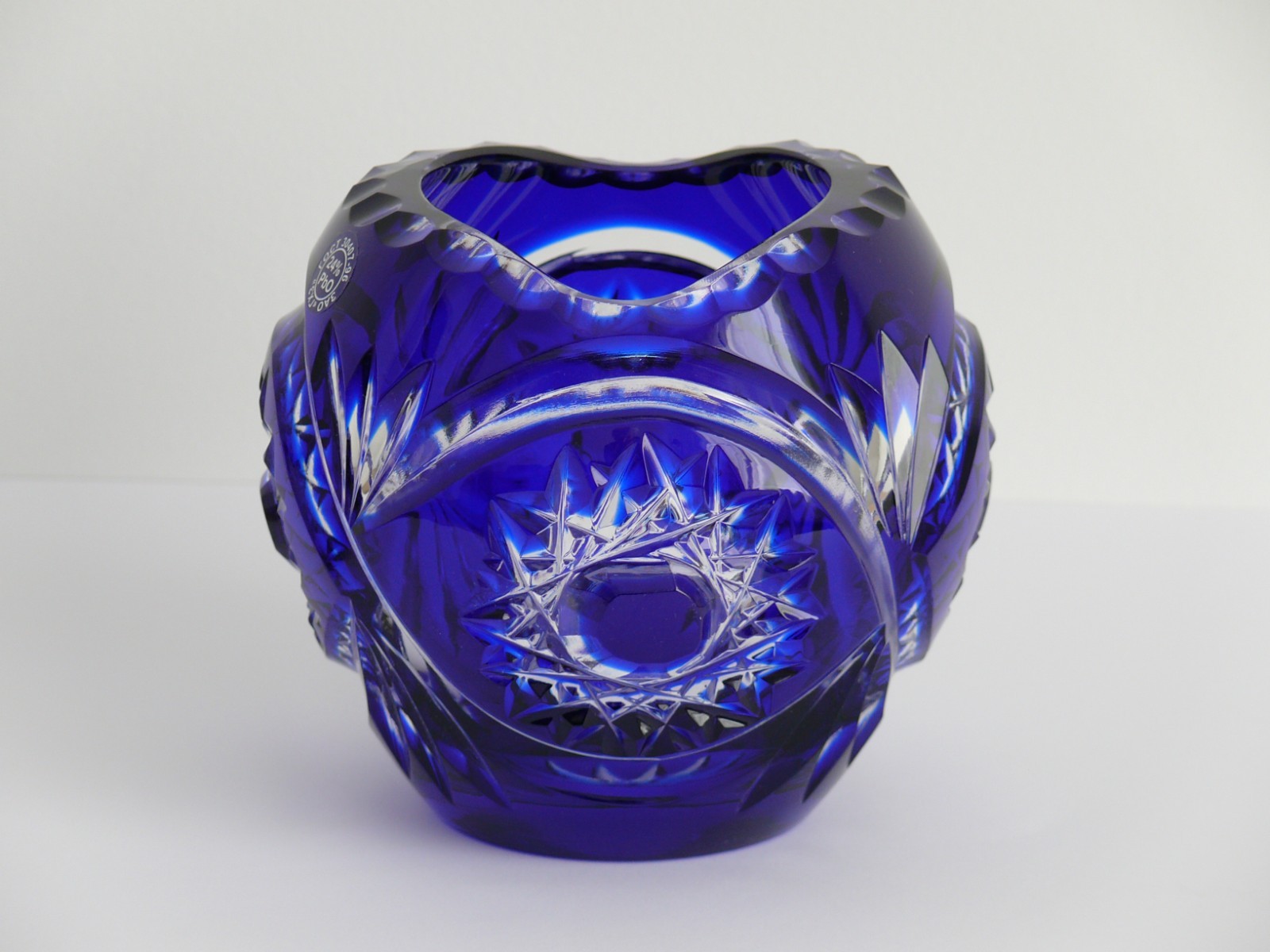 CRYSTAL flower VASE 12×13 cm, COBALT BLUE Cut to clear Overlay / Cased Crystal