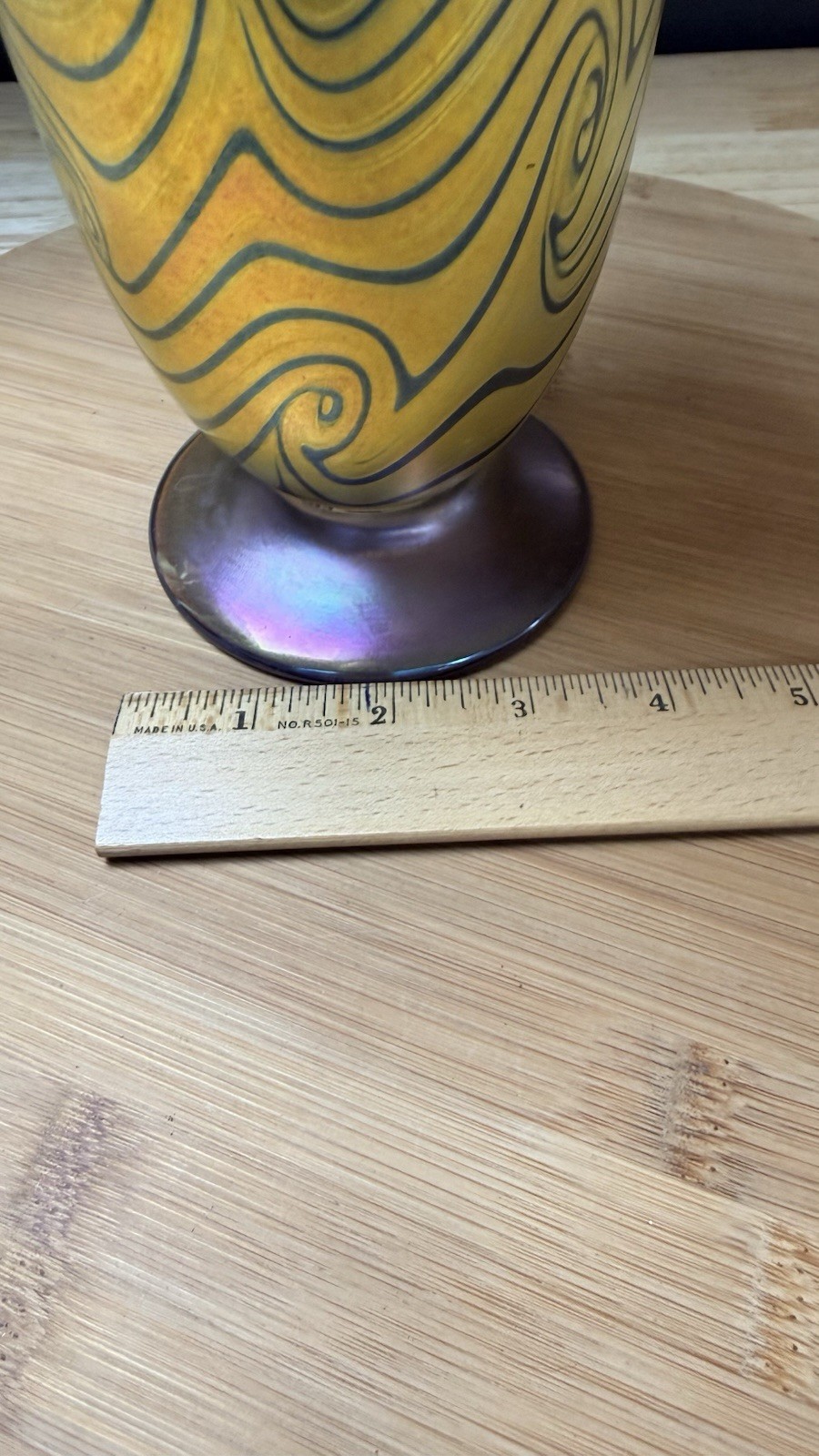 Lundberg Studios Signed 1999 Iridescent Art Glass Swirl Vase Gold Blue 9”
