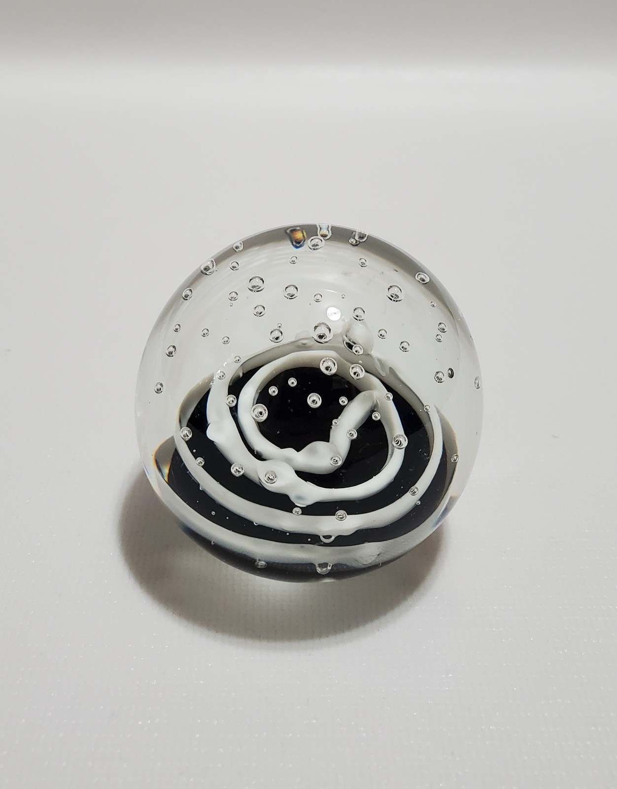 Small Blown Glass Paperweight, Black & White Swirl In Clear, Controlled Bubble