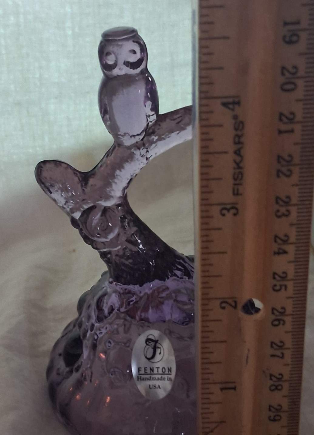 Fenton Art Glass VIOLET Owl on Tree Branch w/Cabbage Rose Base Ring Holder 4.5”t