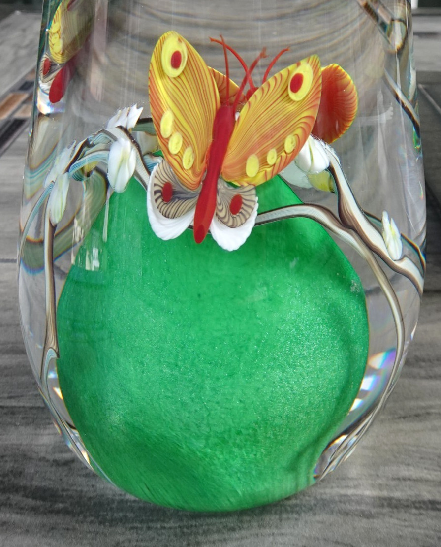 10″ Signed Zellique Studio Glass 1999 Joseph Morel Butterfly Cased Candle Vase