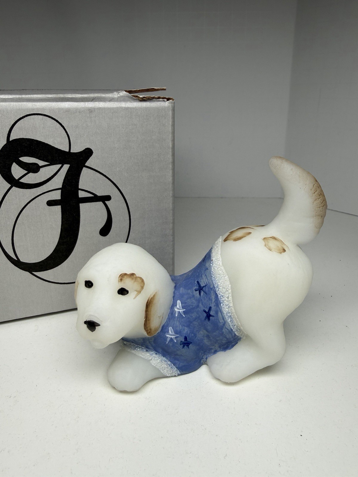 Vintage Fenton Frosty Friends Puppy 2001 Signed Hand-painted Blue Sweater
