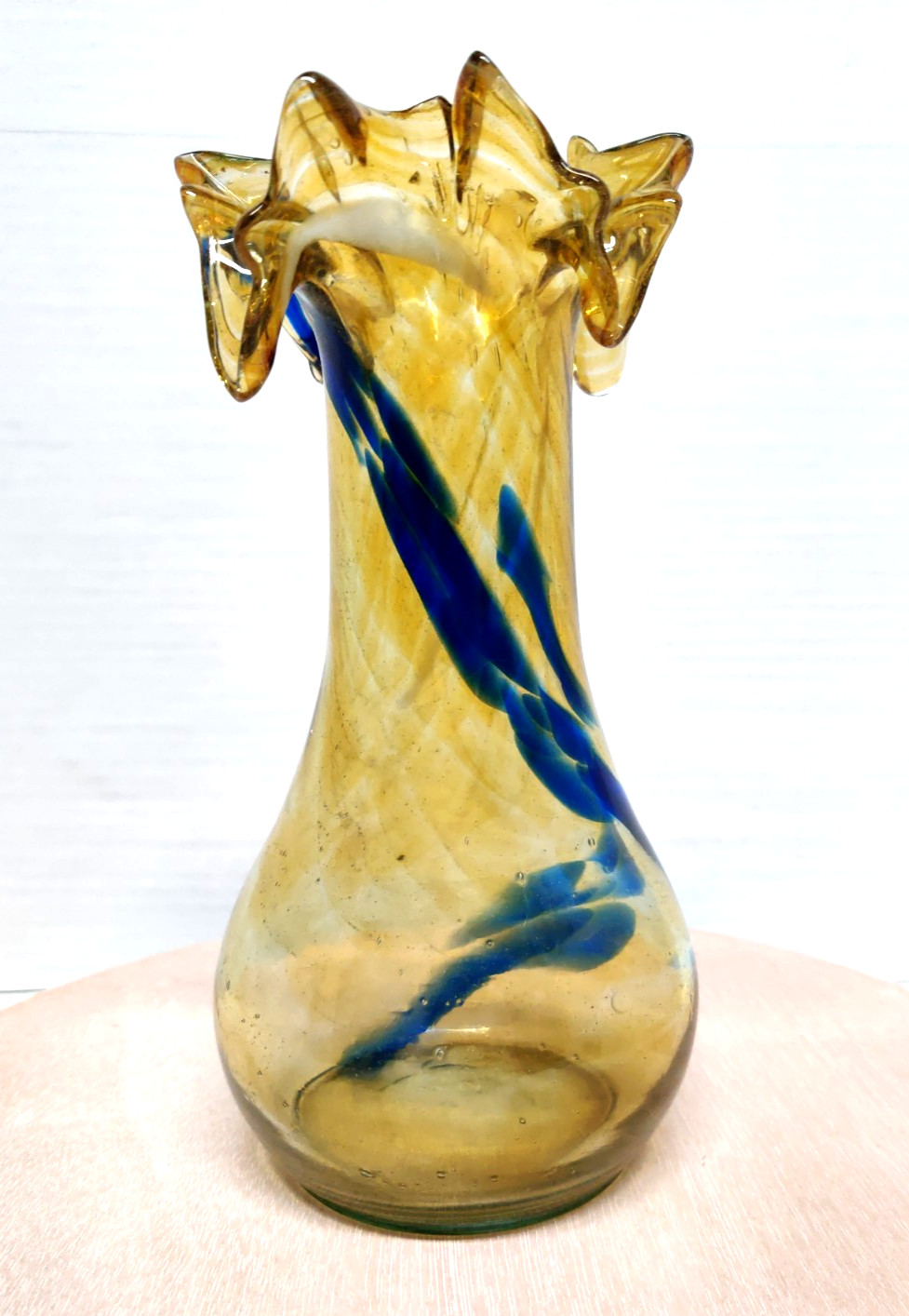 Hand Blown Ruffled Edge Swirl Pattern Art Glass Amber Blue Multicolor Vintage