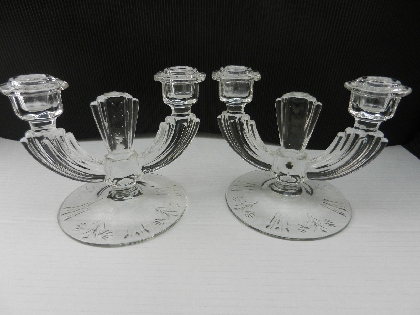 Tiffin US Glass #15360 Dual Light Candlesticks 2 Clear Cut 7″ Arms ca 1930-40’s