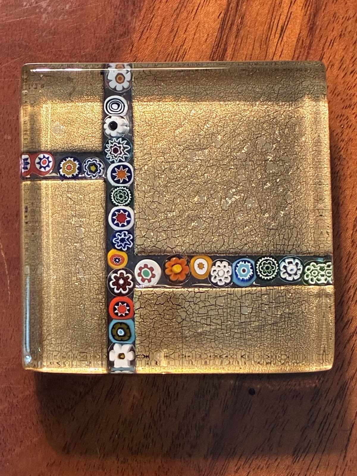 Beautiful Murano Millefiori Gold Glass Paperweight Square Original Sticker Italy