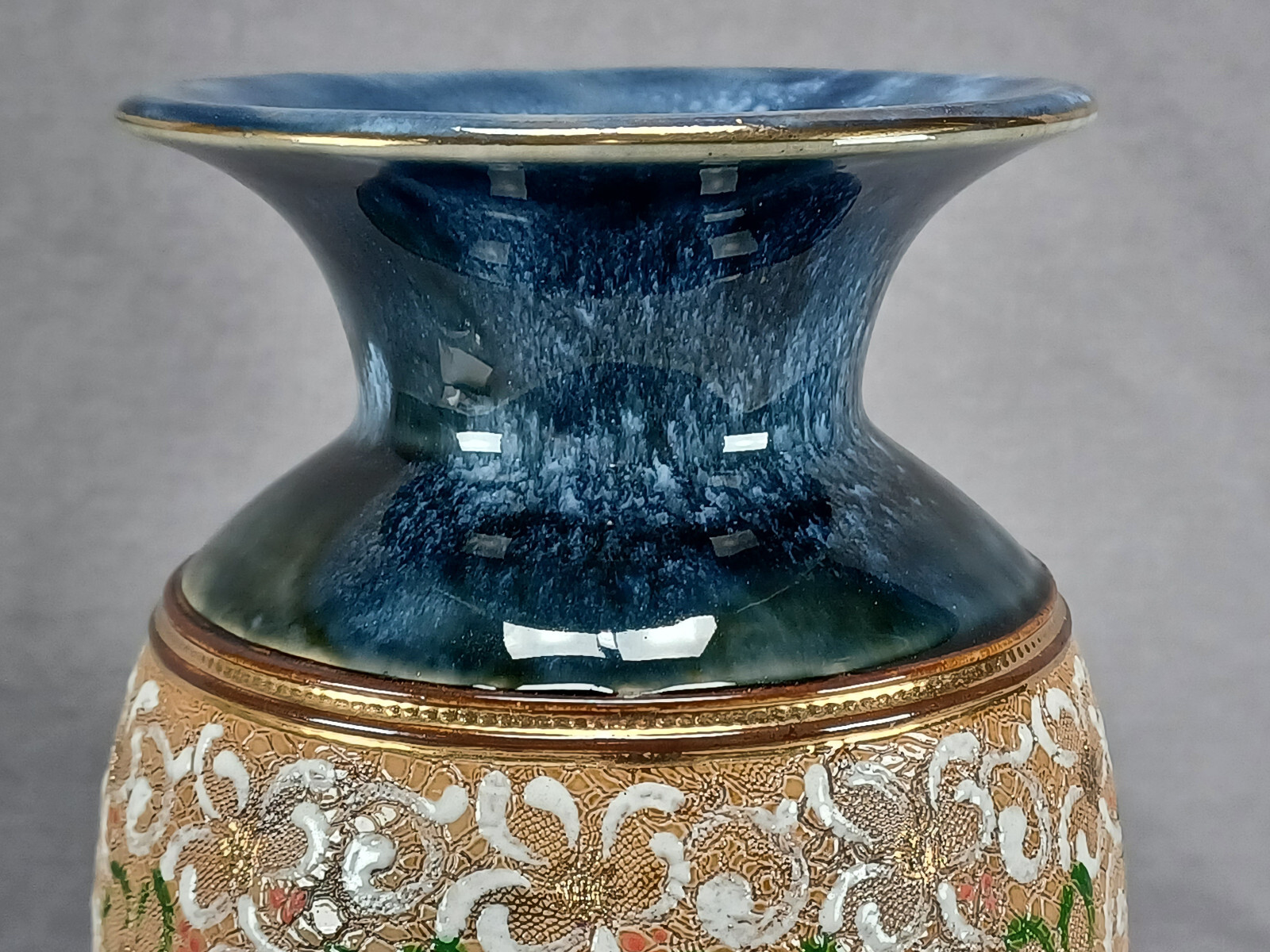 Antique Doulton & Slaters Patent Red Green & White Floral Beige & Blue Vase