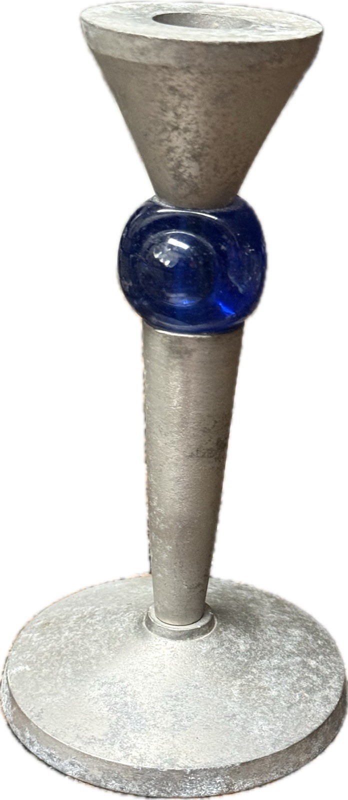 Vintage Aluminum Alloy / Pewter Cobalt Blue Orb Candlestick