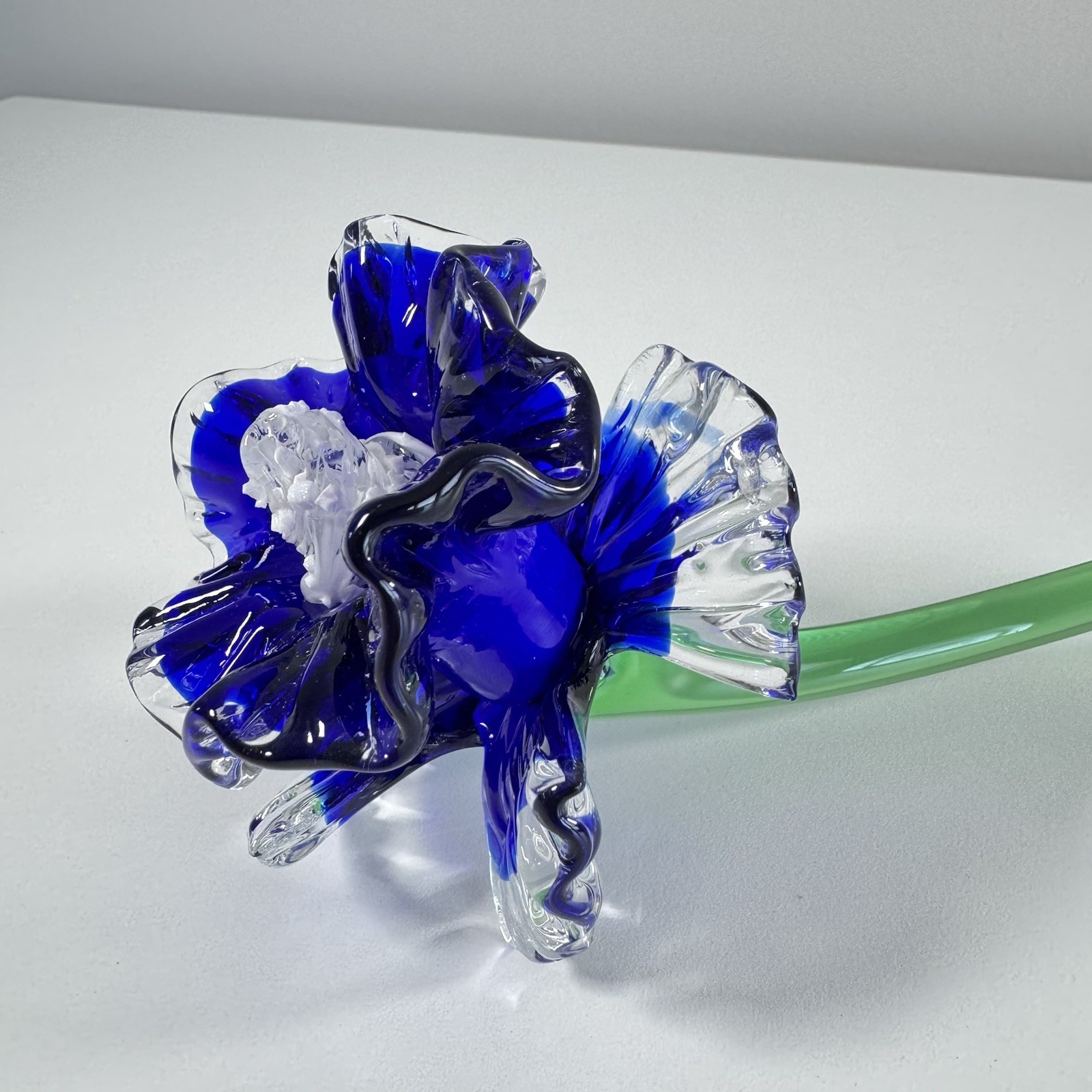 Hand Blown Flower Art Glass Murano Style Blue Long Stem Glass Flower 14”