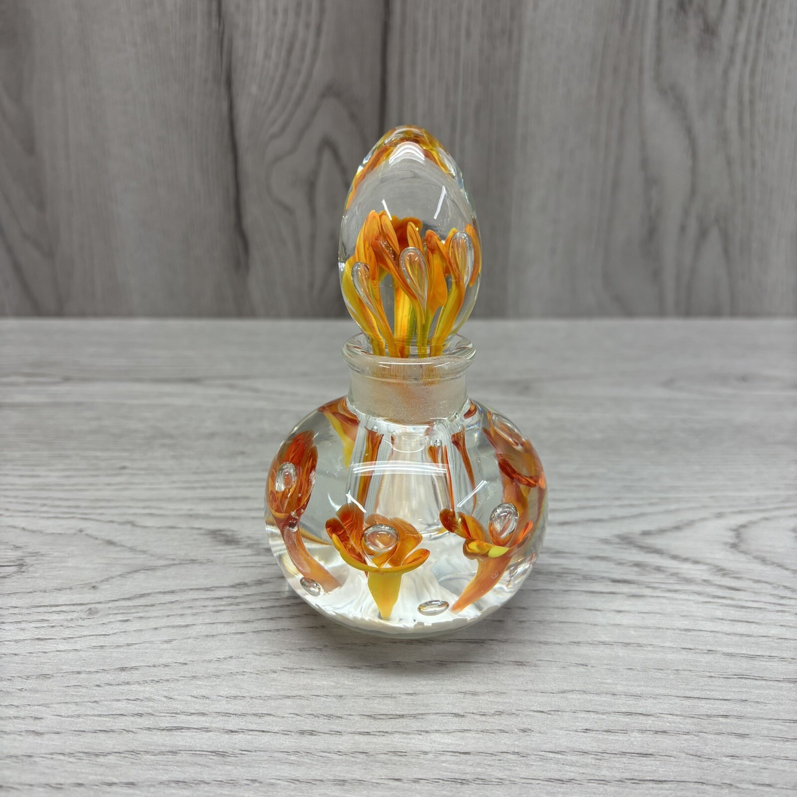 Vintage Joe St Clair Art Glass Inkwell Bottle Paperweight Orange Flowers 6”