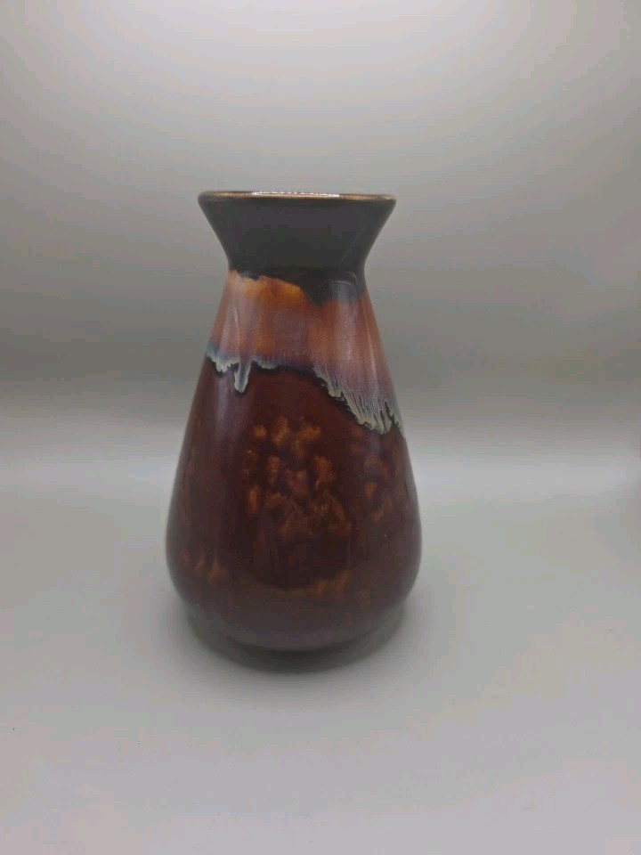Art Pottery Tan Rust Drip Glaze Vase. 6 inches Tall, 3 Inches Wide.