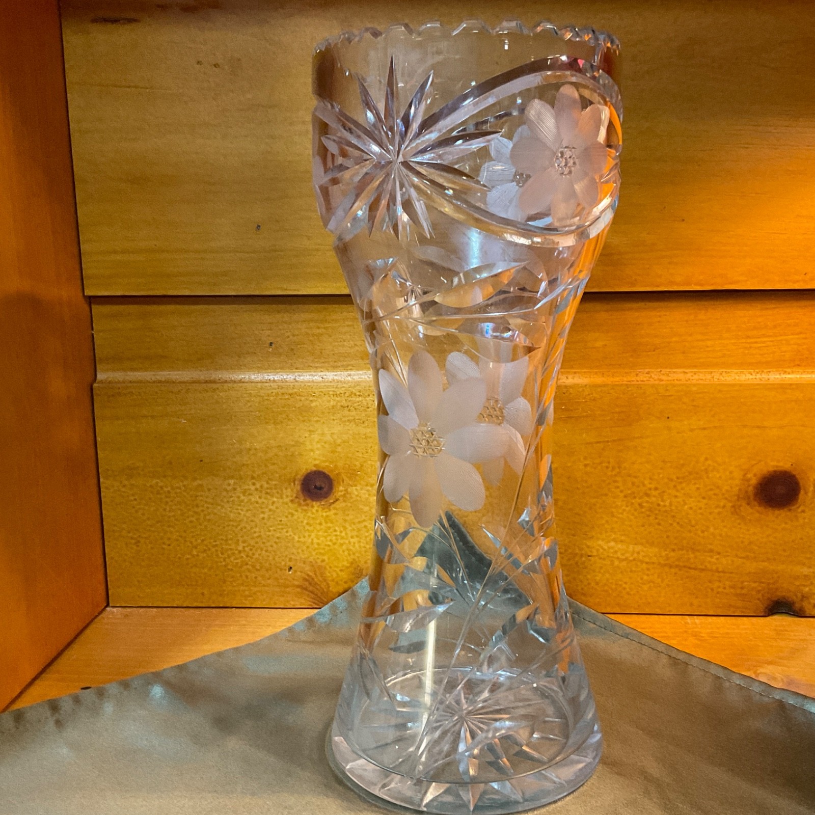 VTG American Brilliant 12″ Spiral HandCut Bulbous Crystal Glass Statement Vase