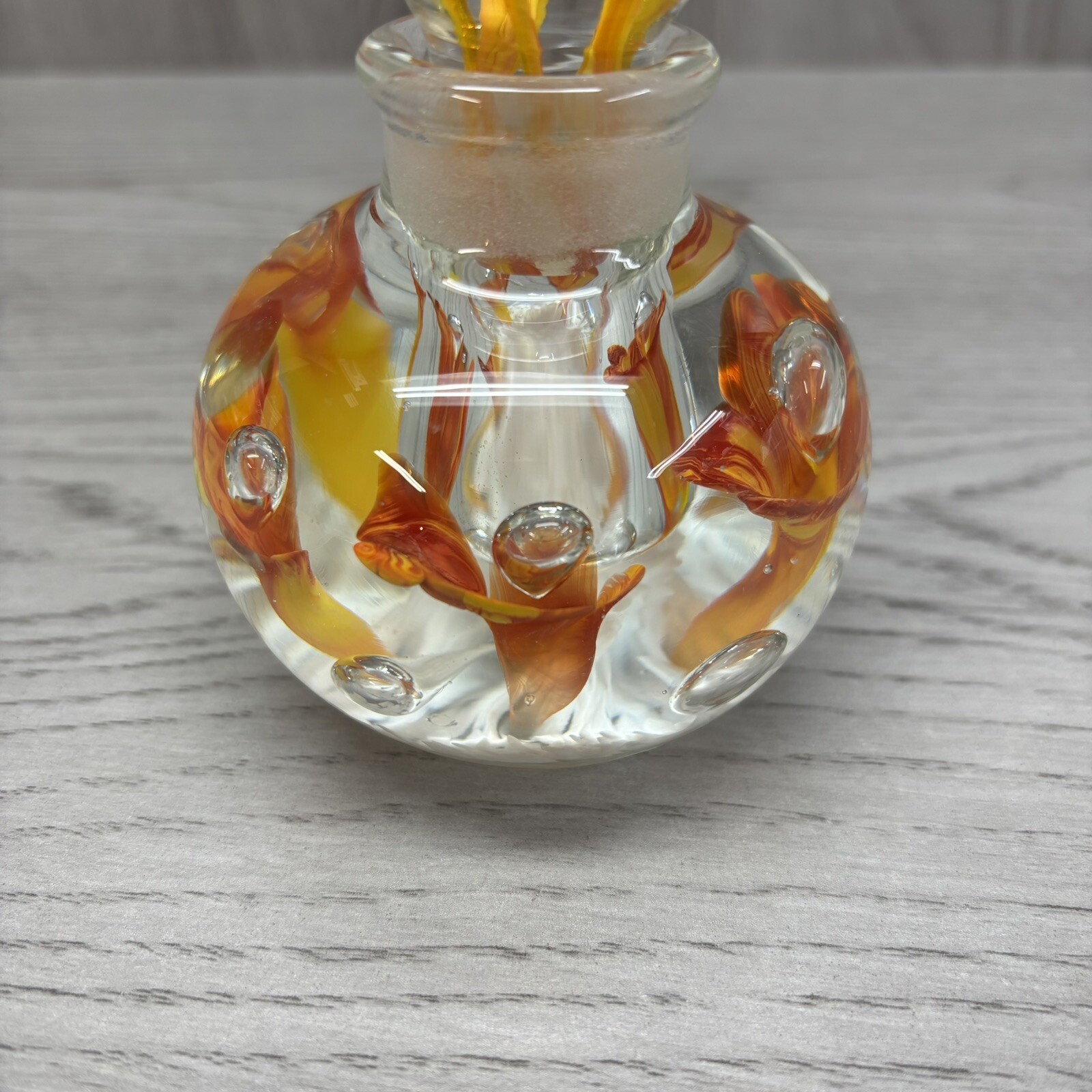 Vintage Joe St Clair Art Glass Inkwell Bottle Paperweight Orange Flowers 6”