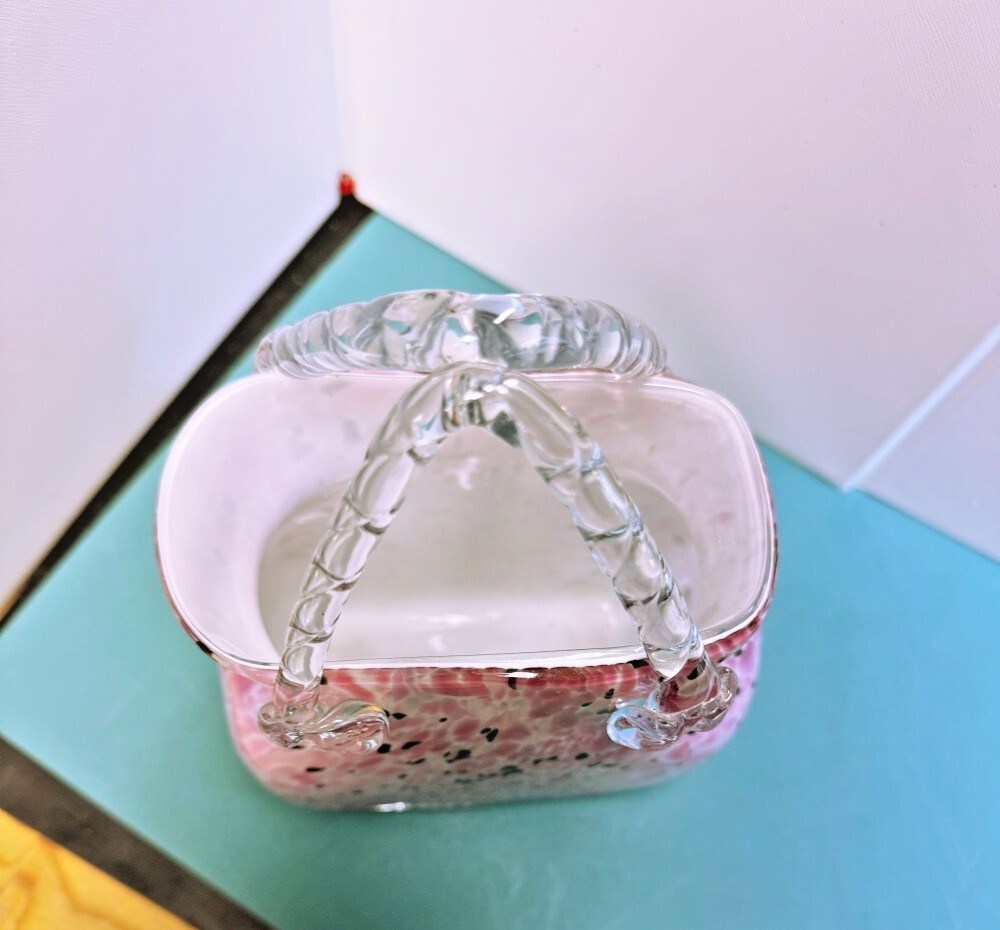 ARTISTIC GLASS BASKET VASE CLEAR ROPE HANDLE MULTI PINK WHITE BLACK 10-1/2″ TALL