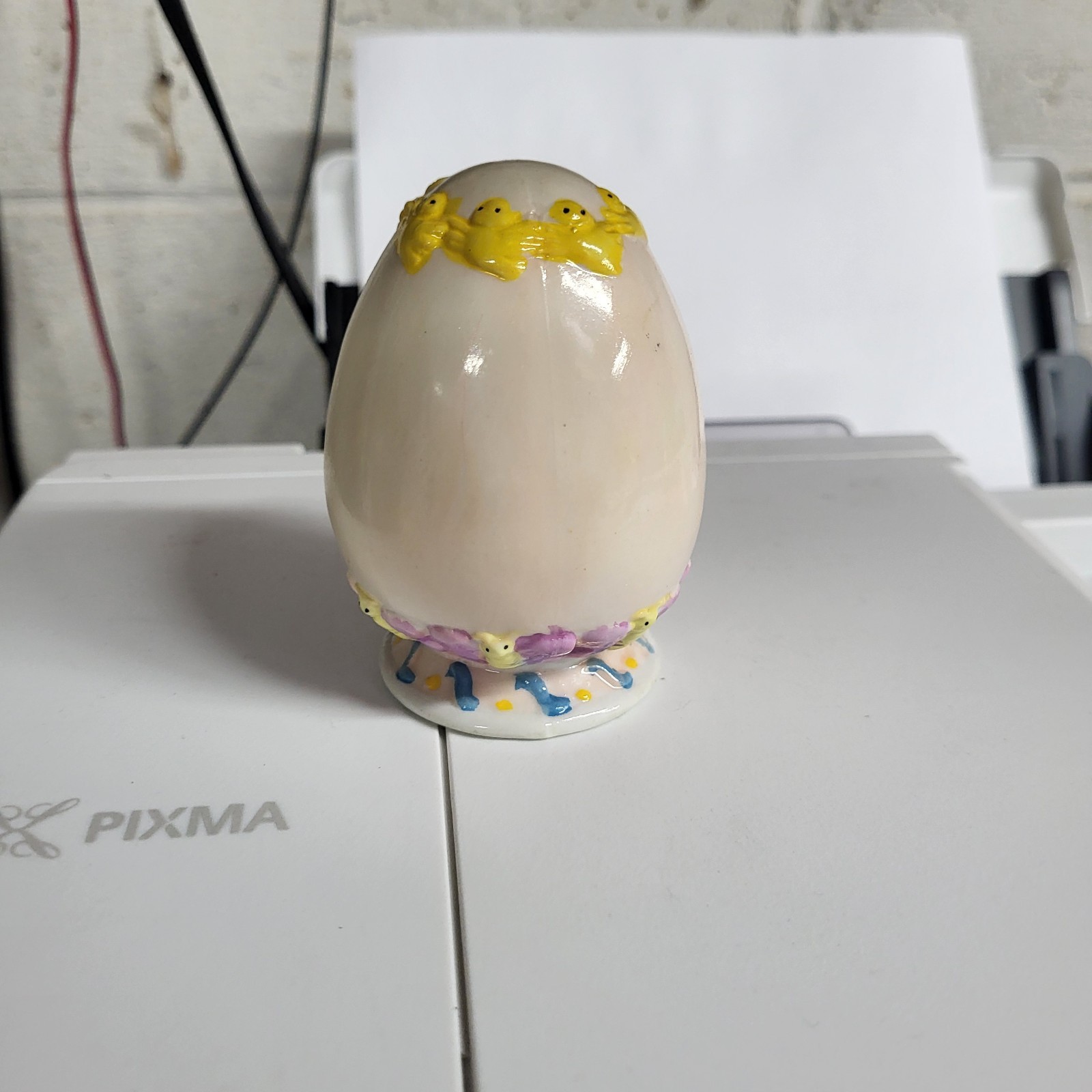 Vintage Ceramic Pedestal Easter Egg With Bunny and Eggs Rabbit Baby Chicks