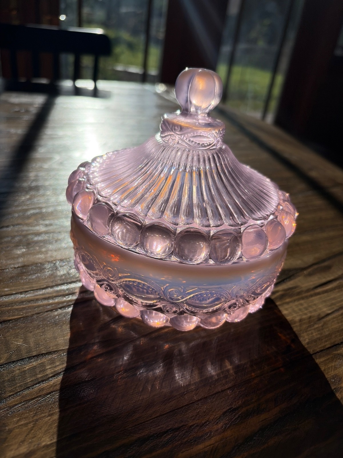 MOSSER eye winker glass covered candy dish- pink