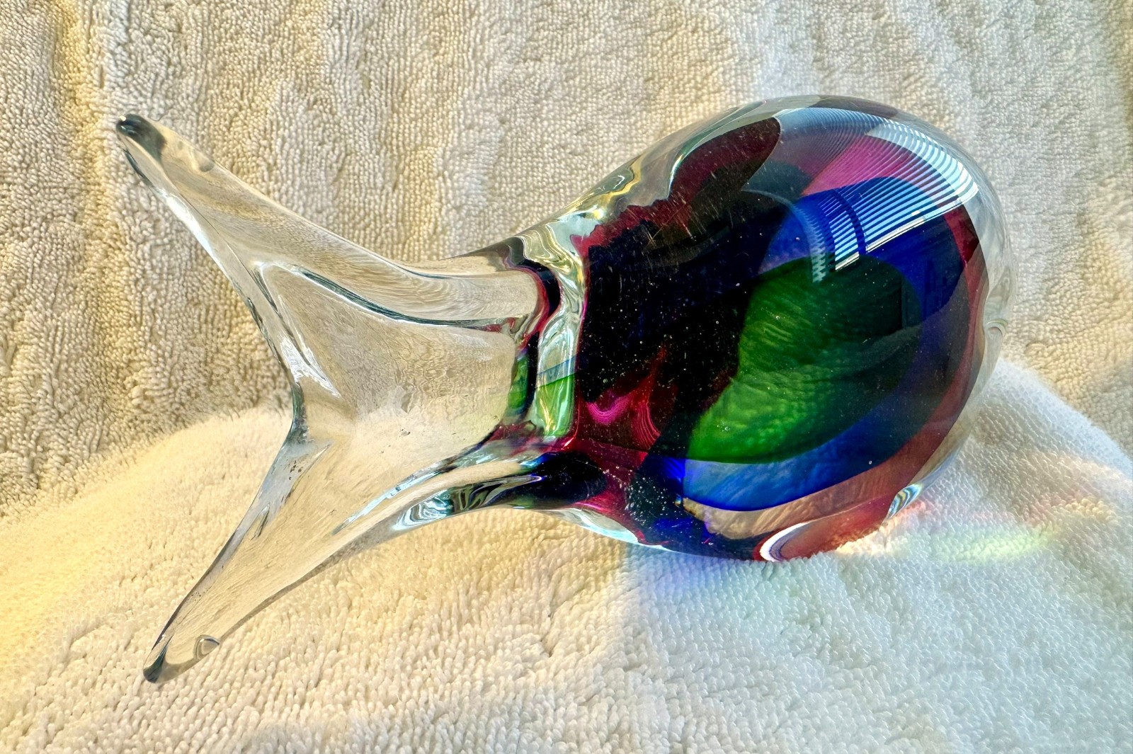 Vintage Hand Blown Sommerso Glass Murano Style Fish, Red Blue Green, 7.5″ x 3.5″