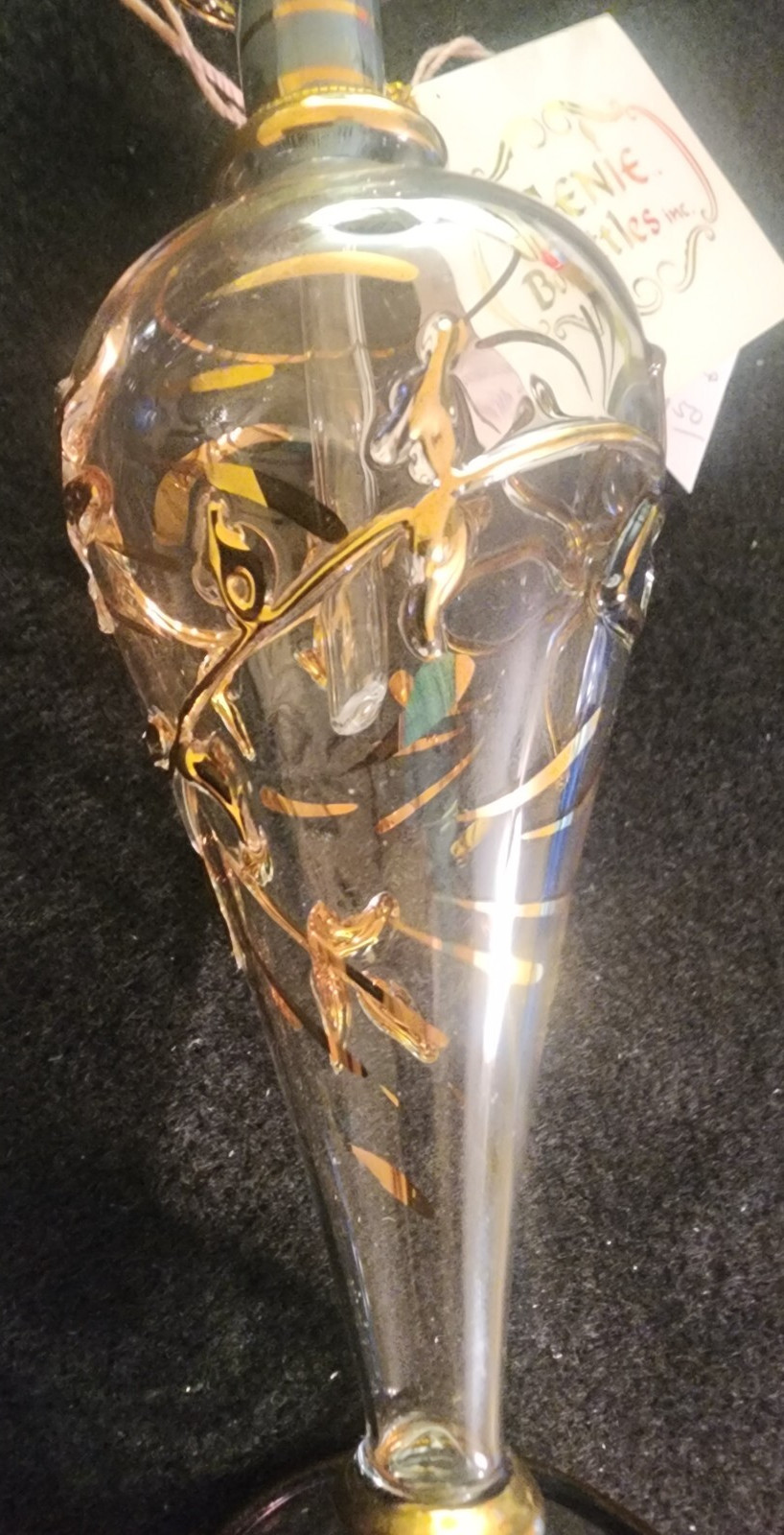 Vintage Clear Glass Genie Bottle 8″ Tall Hand Painted Gold Detail Made In Egypt