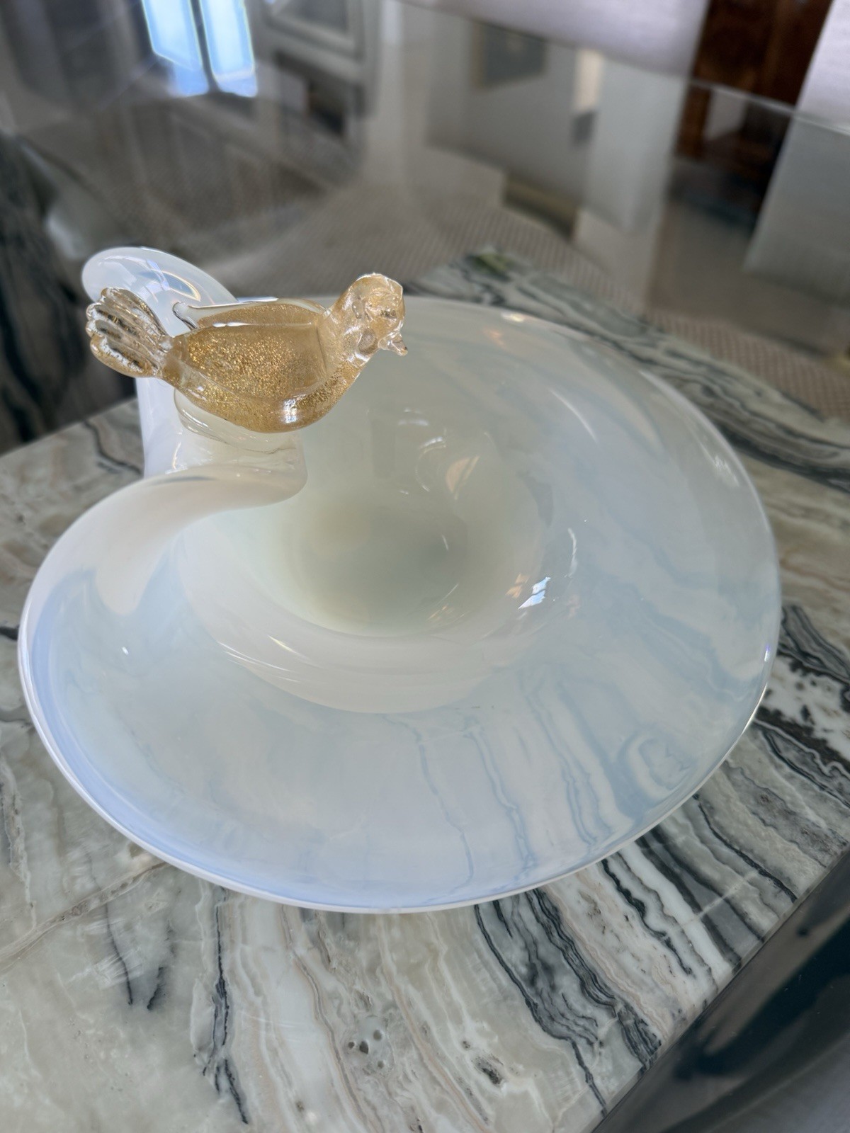 Mid 20th Century Murano Attributed Opalescent Glass Bowl Perchin Gold Fleck Bird