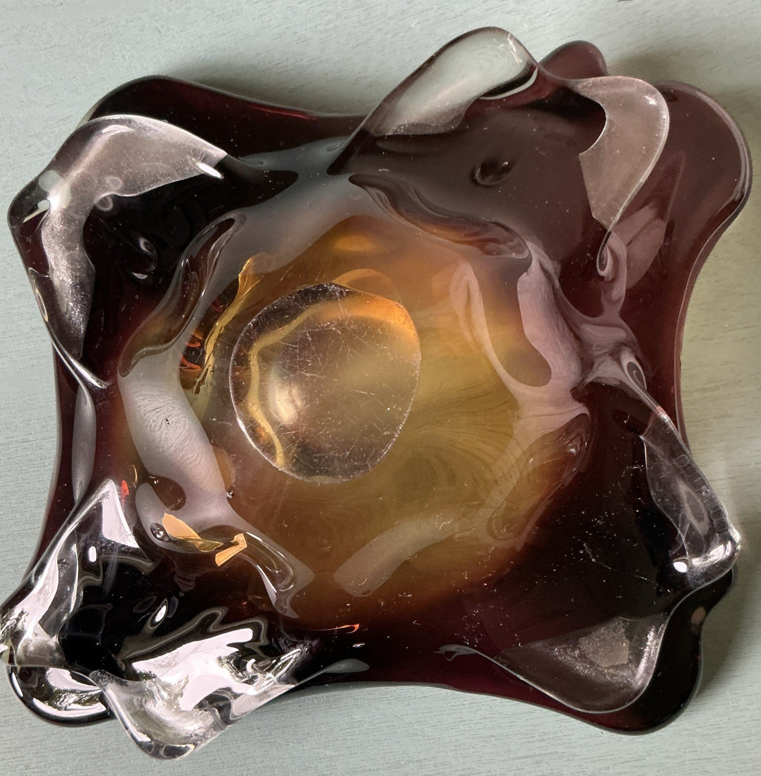 Chalet Canada Art Glass Bowl Cranberry Amethyst Amber Purple Winged Rim VTG