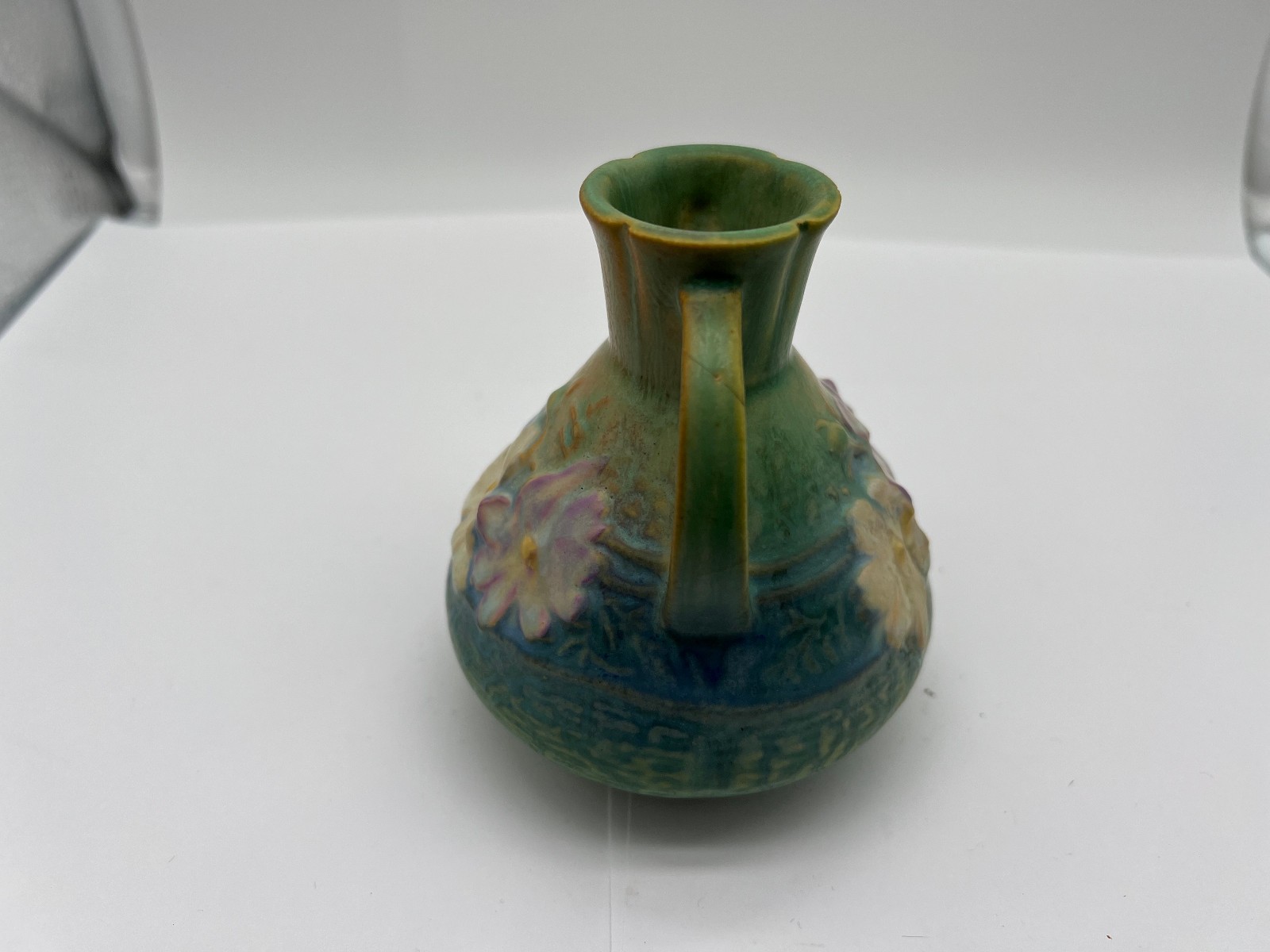 Roseville Pottery Mottled Blue Cosmos Floral Two Handled 4.25″ Bud Vase