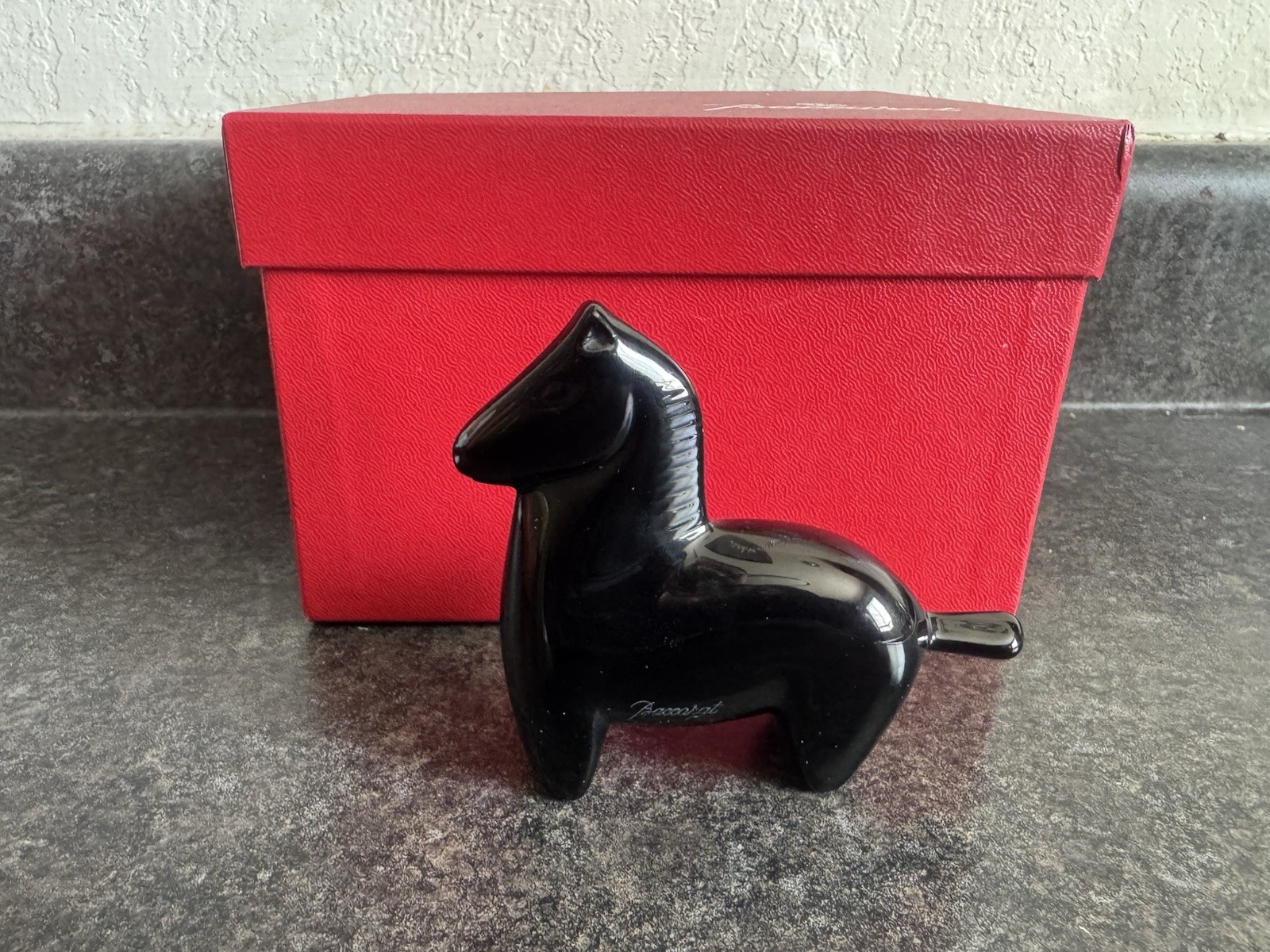 Baccarat Crystal Horse Black Stallion Figurine w/ Box Acid Etched Signed France