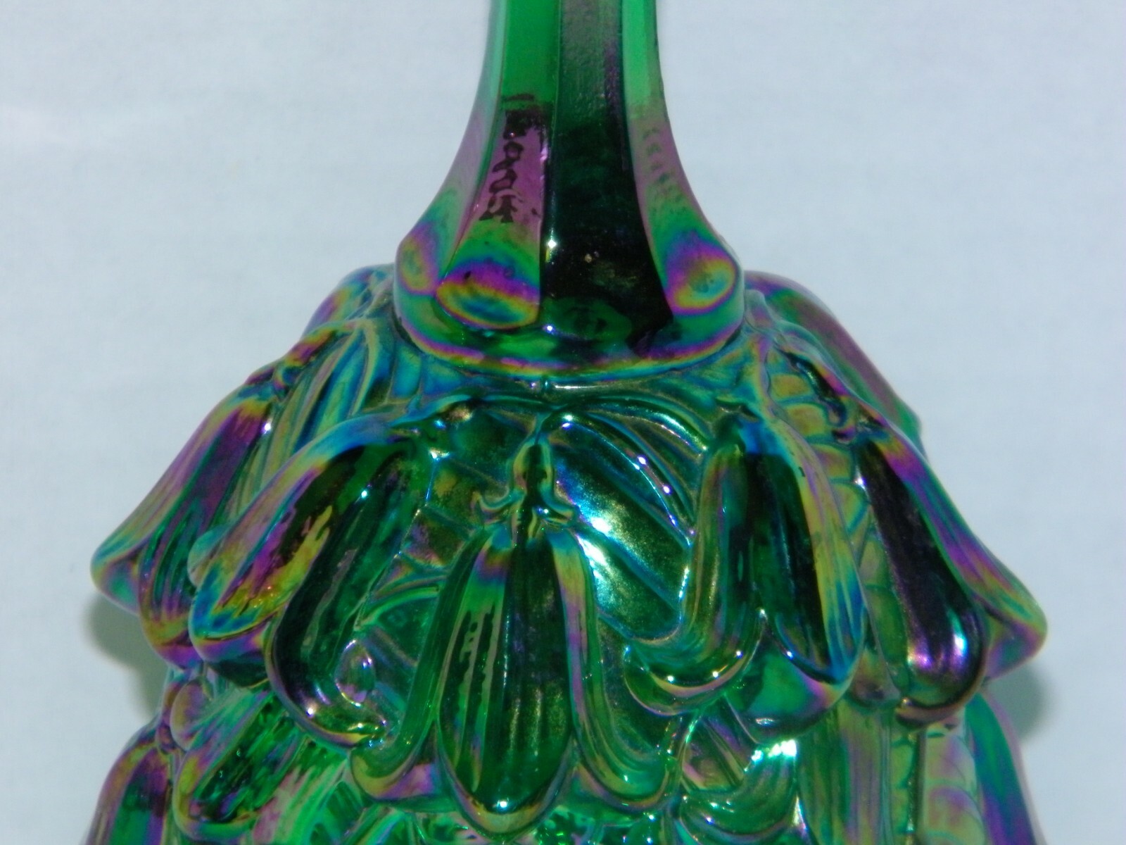 Fenton Bell Green Iridescent Carnival Embossed Temple Bells Lily of the Valley