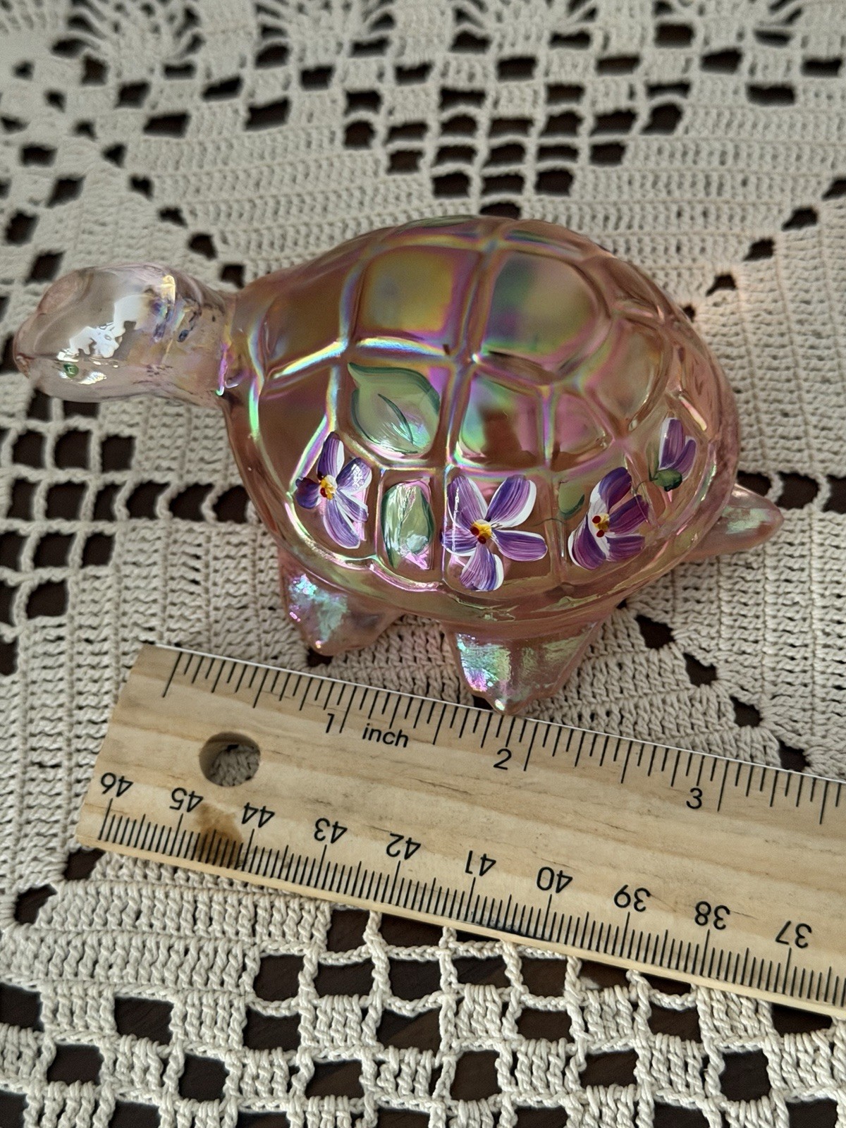 Fenton Lenox Sunset Pink Iridescent Hand Painted Turtle Figurine J Powell