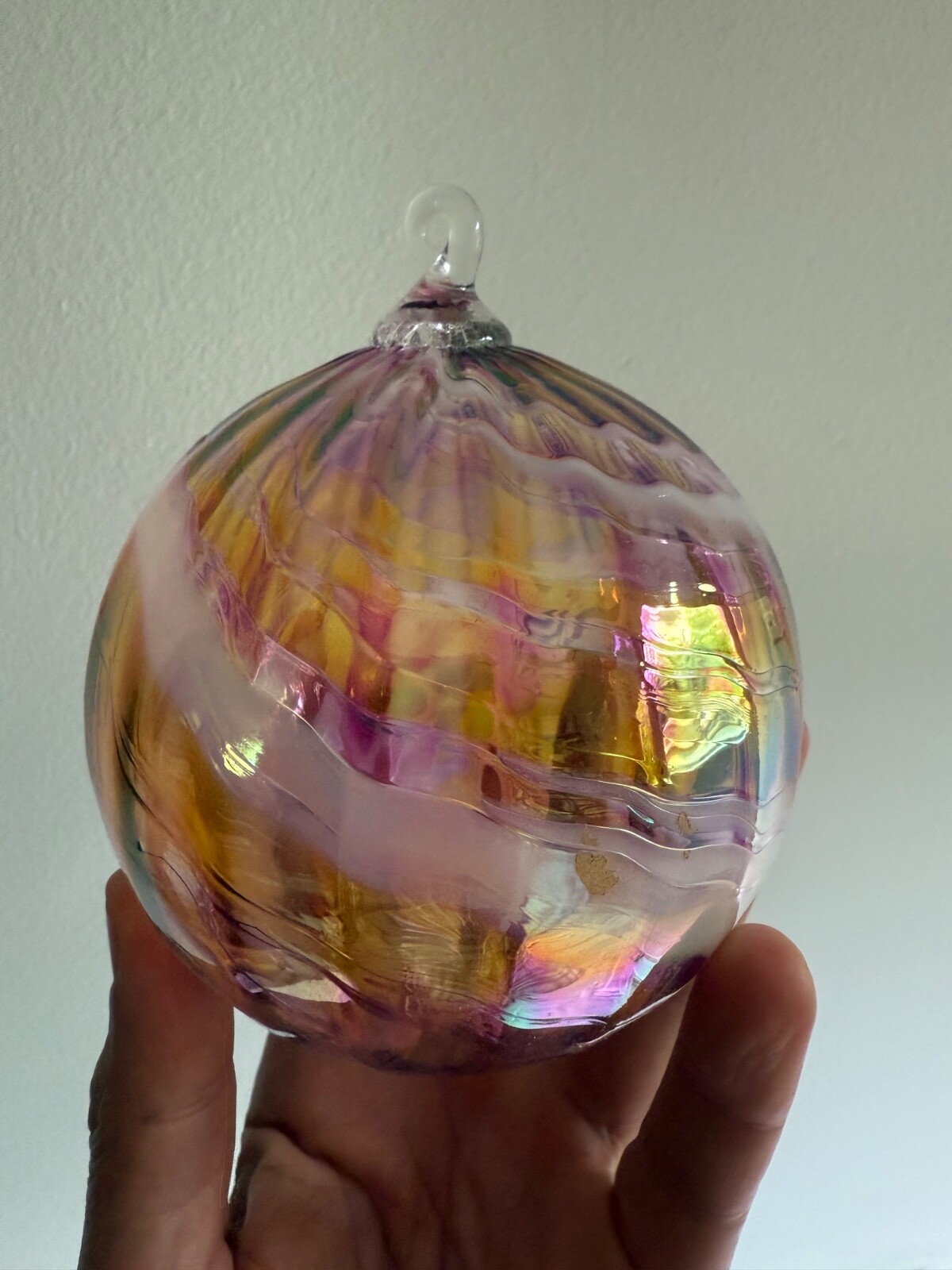 Hand Blown Art Glass Ball approx. 4” Suncatcher Pink Swirl ornament