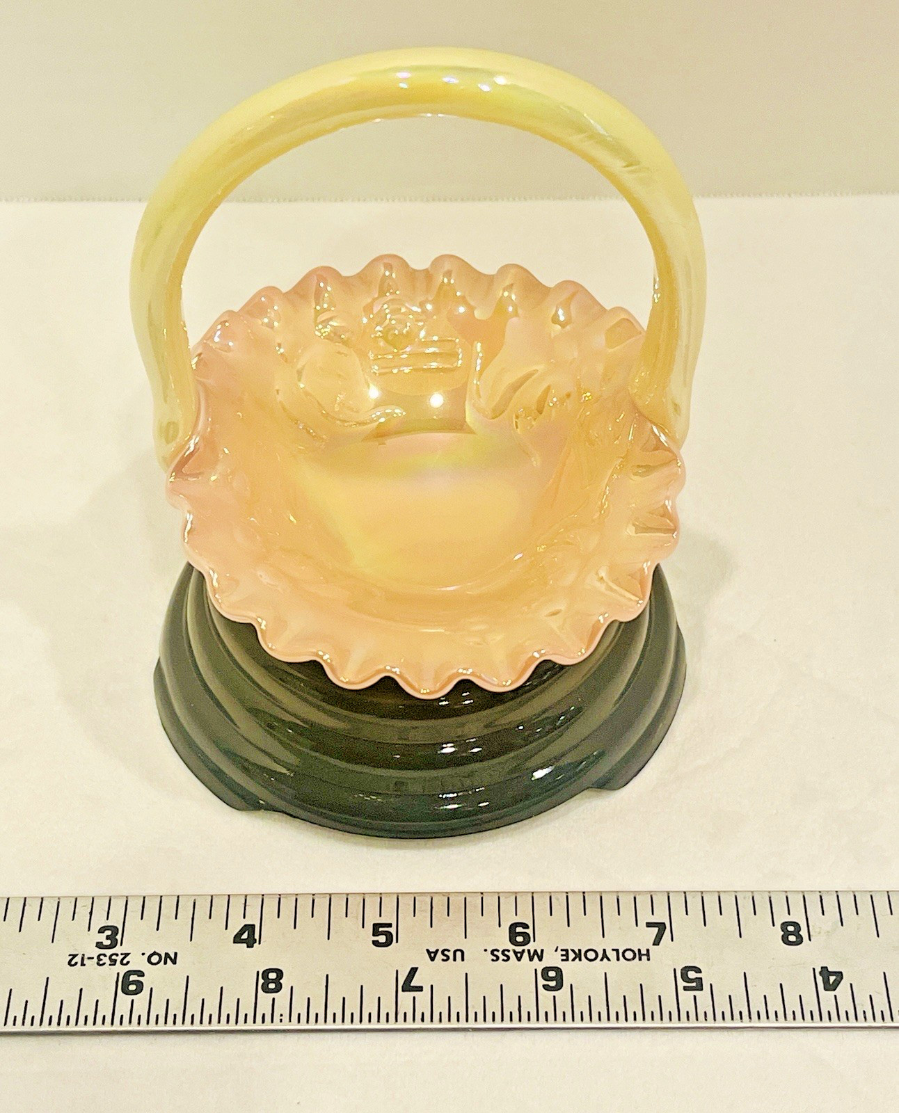 Vintage Fenton Art Glass Basket Dorothy Taylor Kitten UV Iridized Burmese 1991