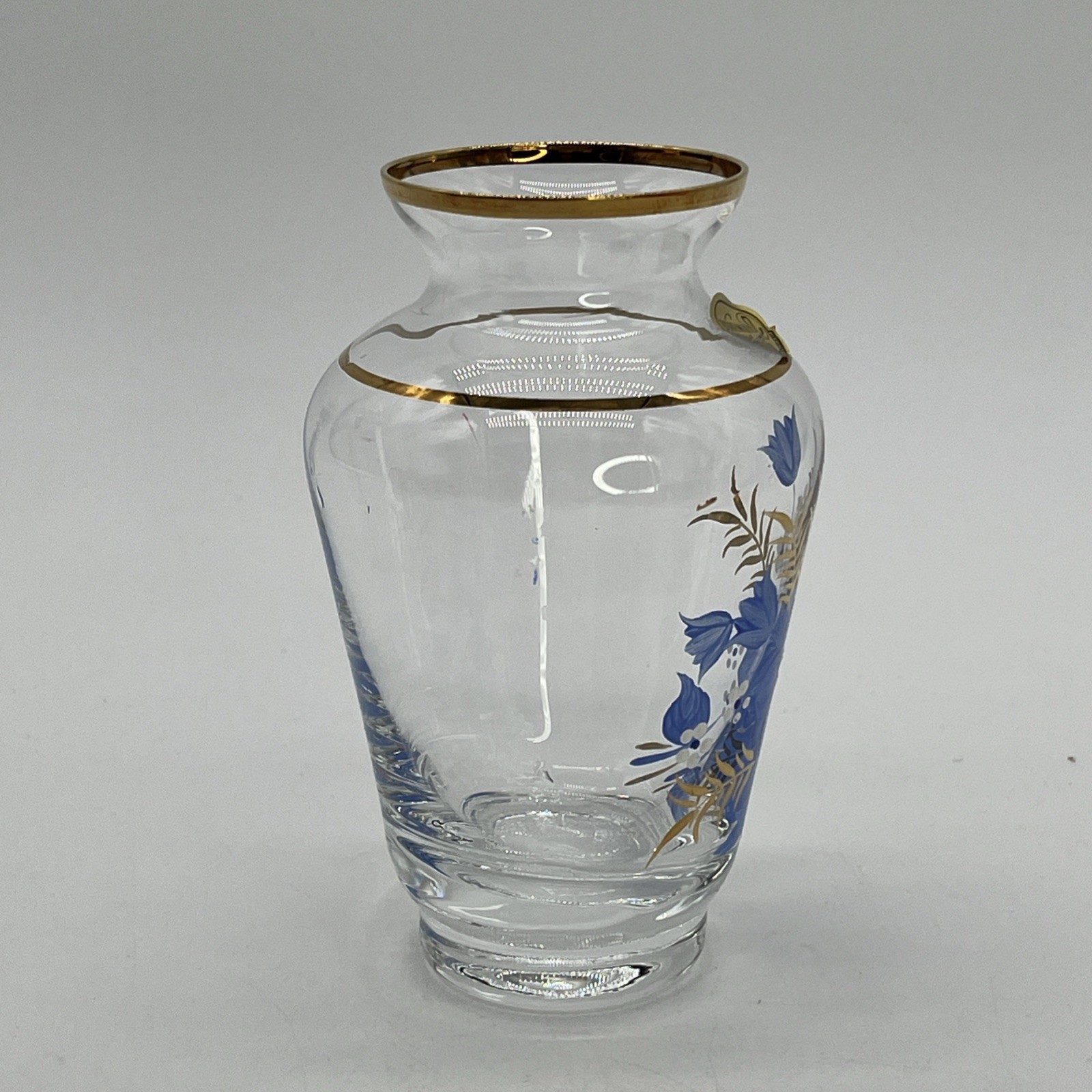 Bohemia Glass Hand Painted Vase 4.75 Inches Blue & White Flowers Gold Trim VTG