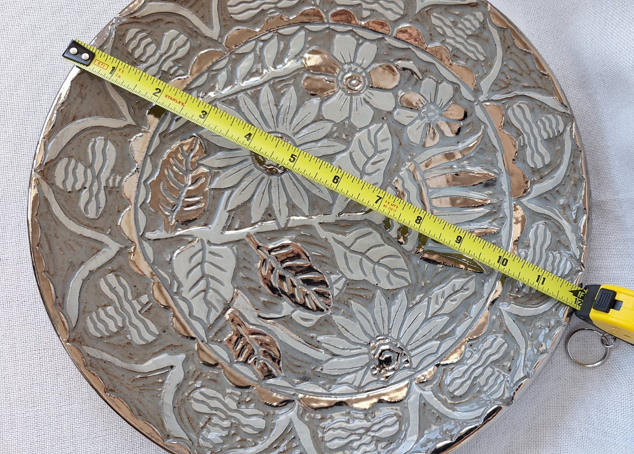 Art Pottery Florals Silver & Gray Plate 13″ Round Platter Susan Gallagher OOAK