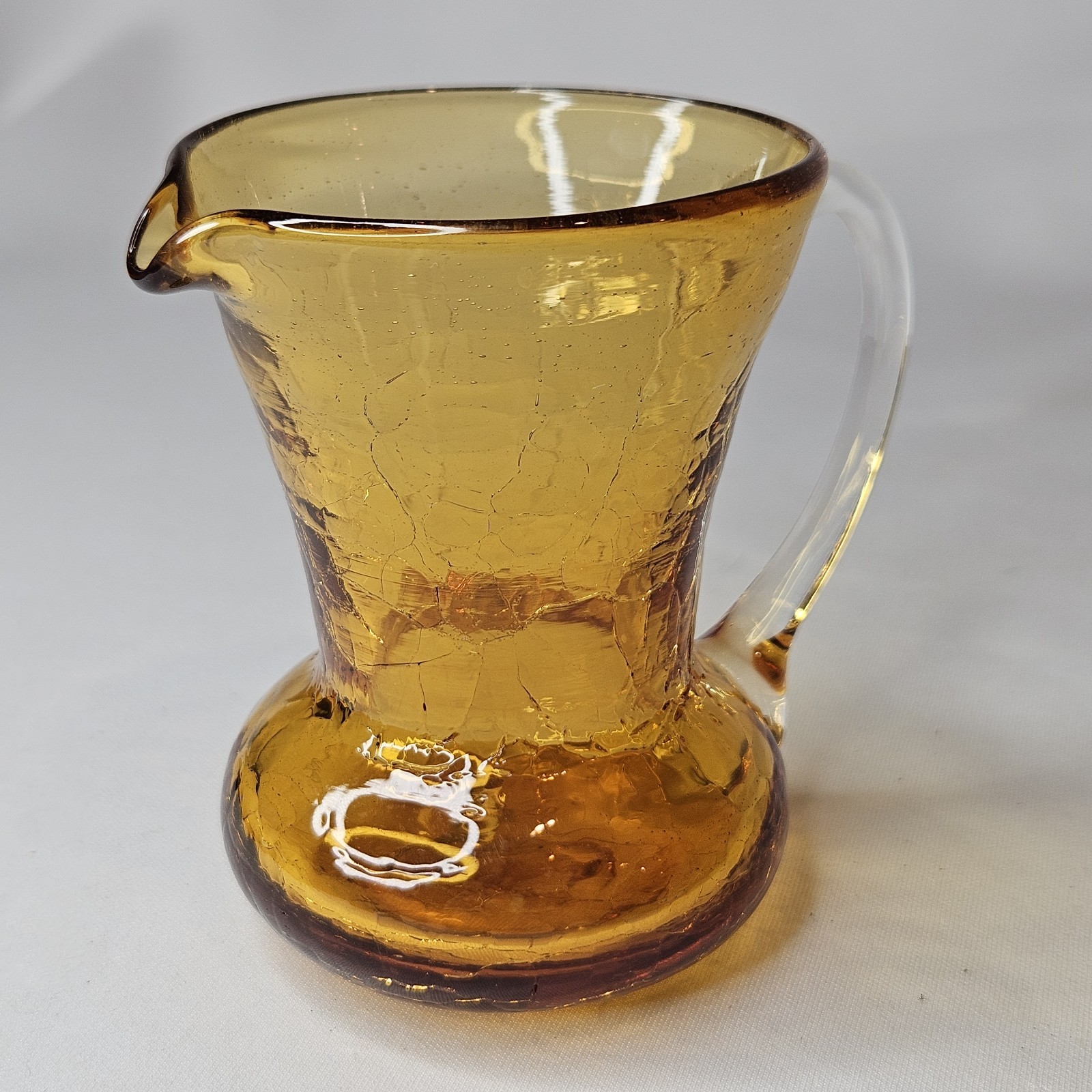Vintage Amber Crackle Glass 8oz Pitcher Vase Hand Blown 3.75″ Yellow Orange MCM