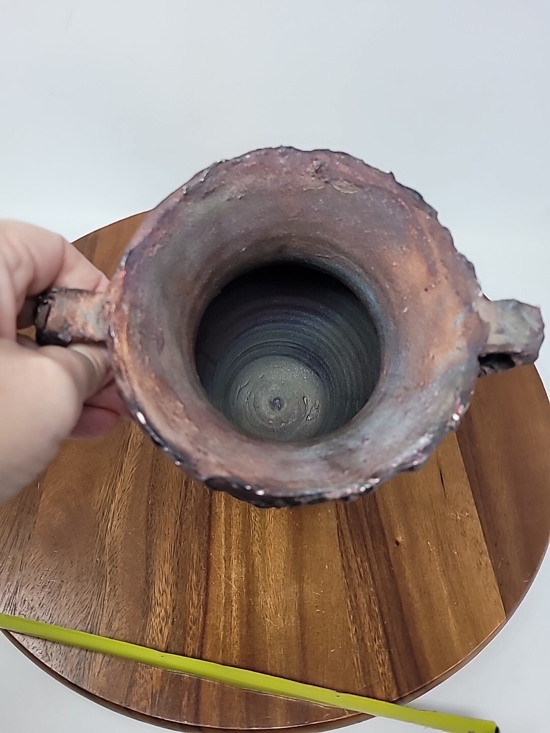 Iridescent Copper Fuming Raku Fired Pottery Handled Vase Signed