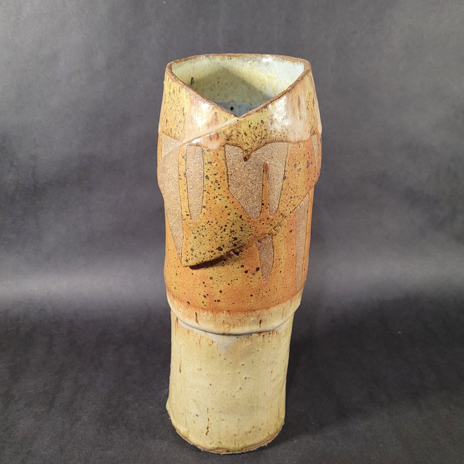 Slab Art Pottery Vase Stoneware Freeform Cylinder Vase Shino Glaze 11.5 in tall
