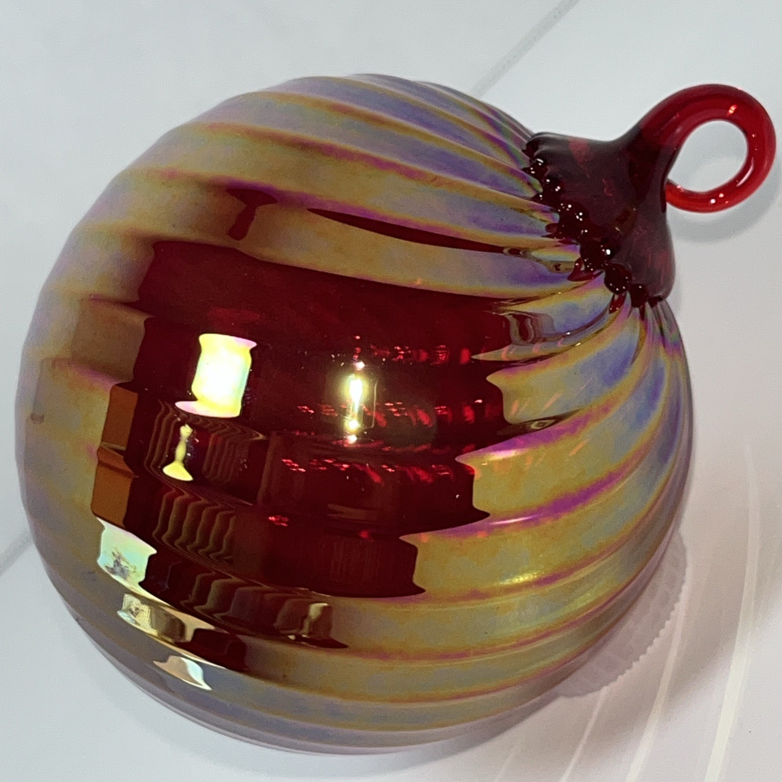 Hand Blown Art Glass Friendship Ball Ornament Iridescent 3.25×3.75”Gold Pink Orb
