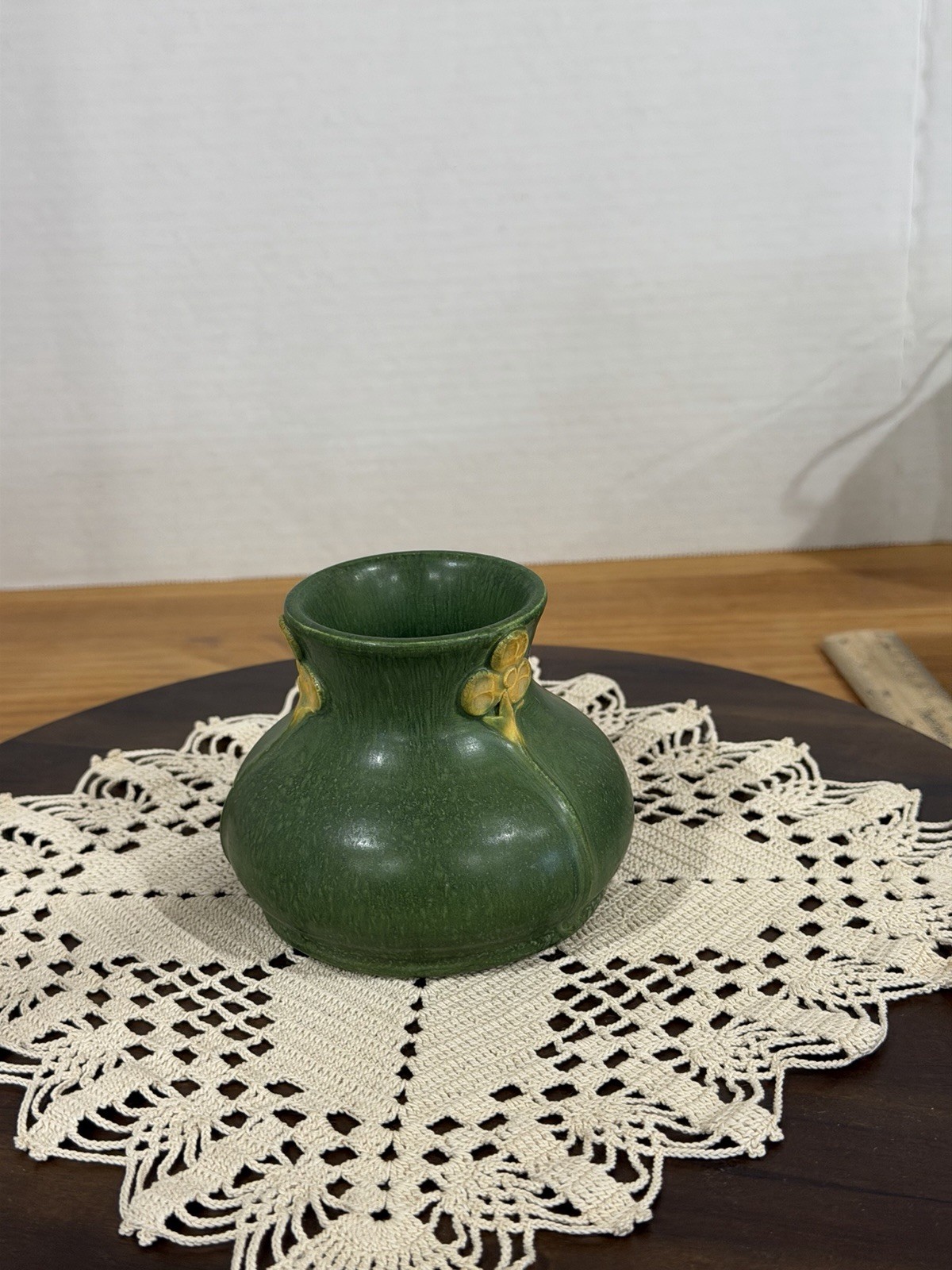 Ephraim Faience Hand Made Art Pottery Mottled Green Floral Vase Laura Klein