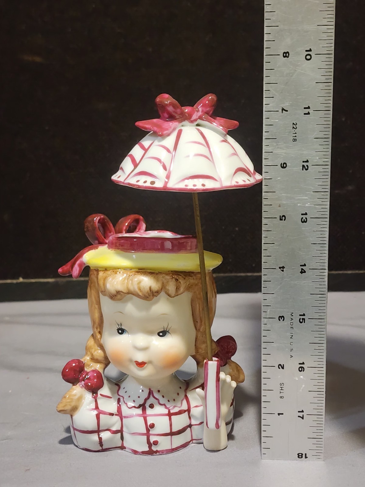 Vintage Japan Umbrella Girl Lady Head Vase Pink Hat Big Curl Pigtails
