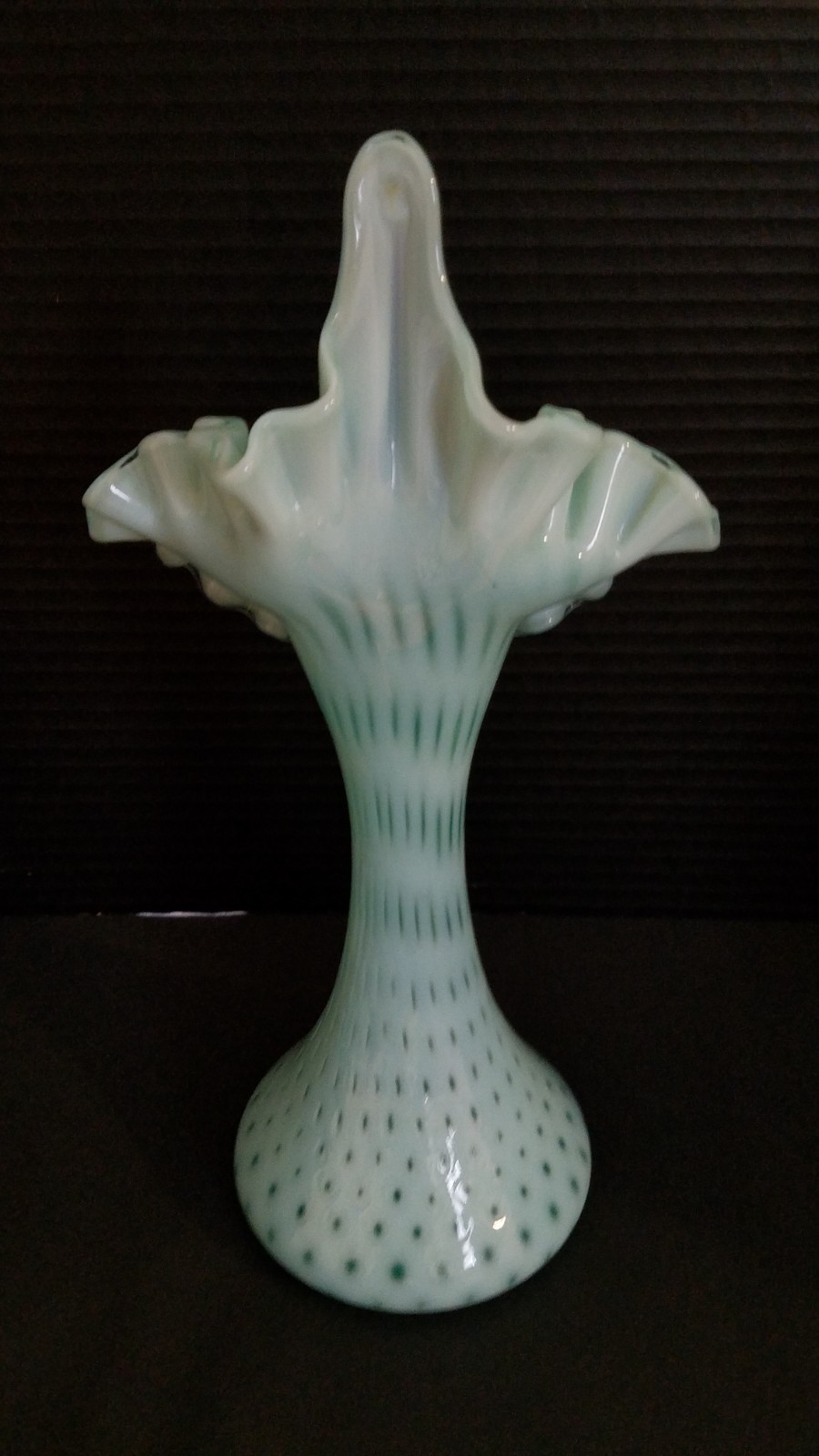 FENTON AQUA BLUE OPALESCENT COIN DOT JIP Jack in the Pulpit VASE 11″H