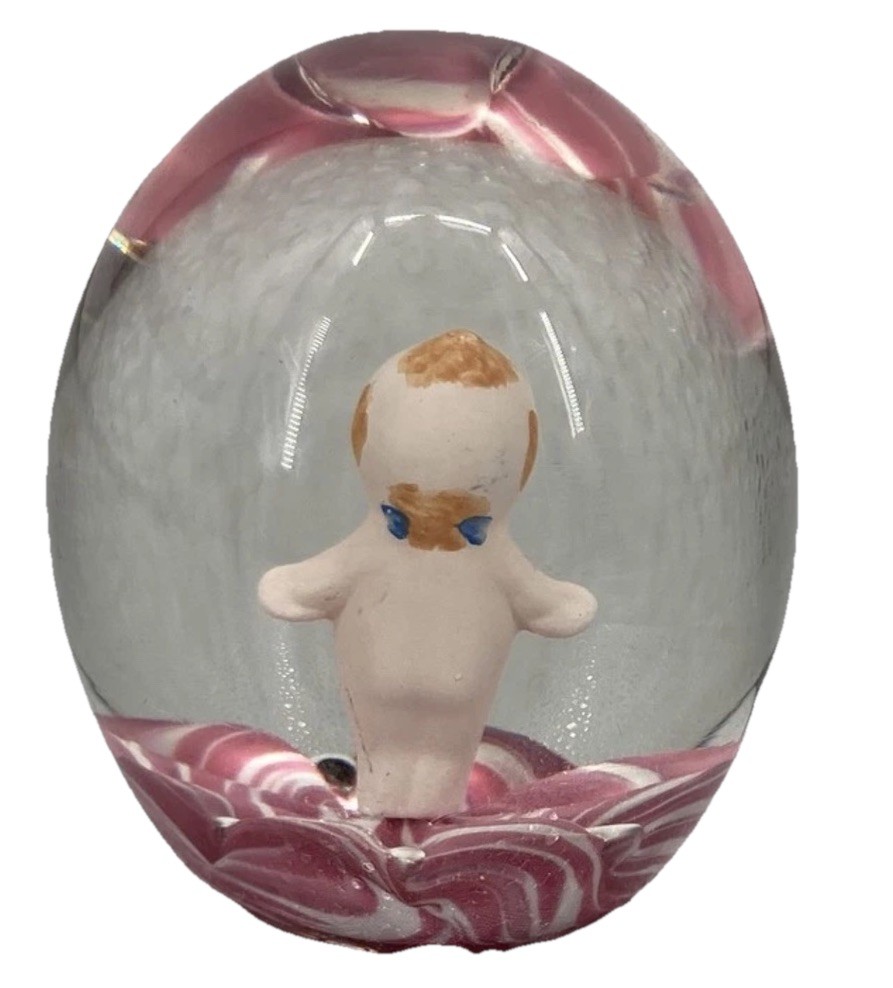 Vtg JOE ST CLAIR Signed Art Glass Sulphide Paperweight Kewpie Doll Pink 3.25”