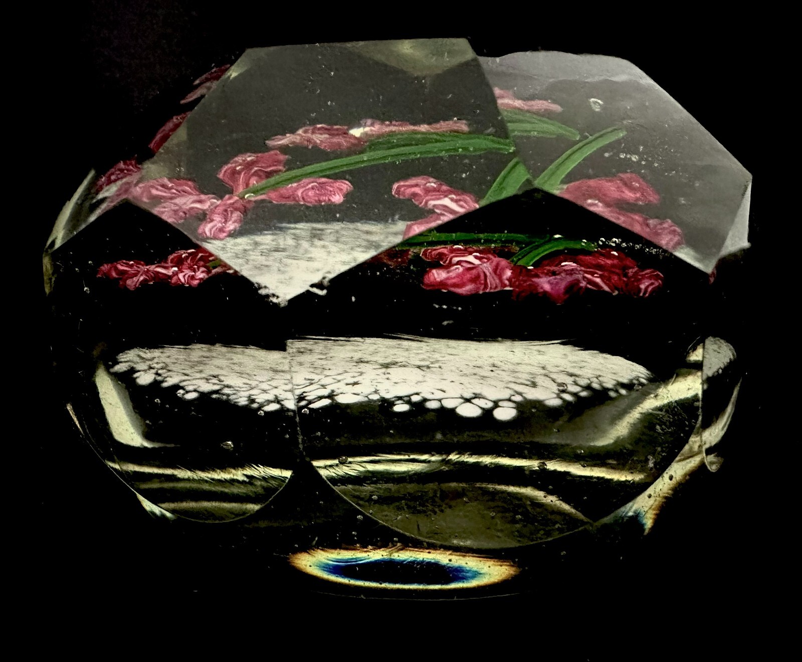 Art Glass Paperweight Czech Faceted, Pink Flowers with Green Stems Vintage