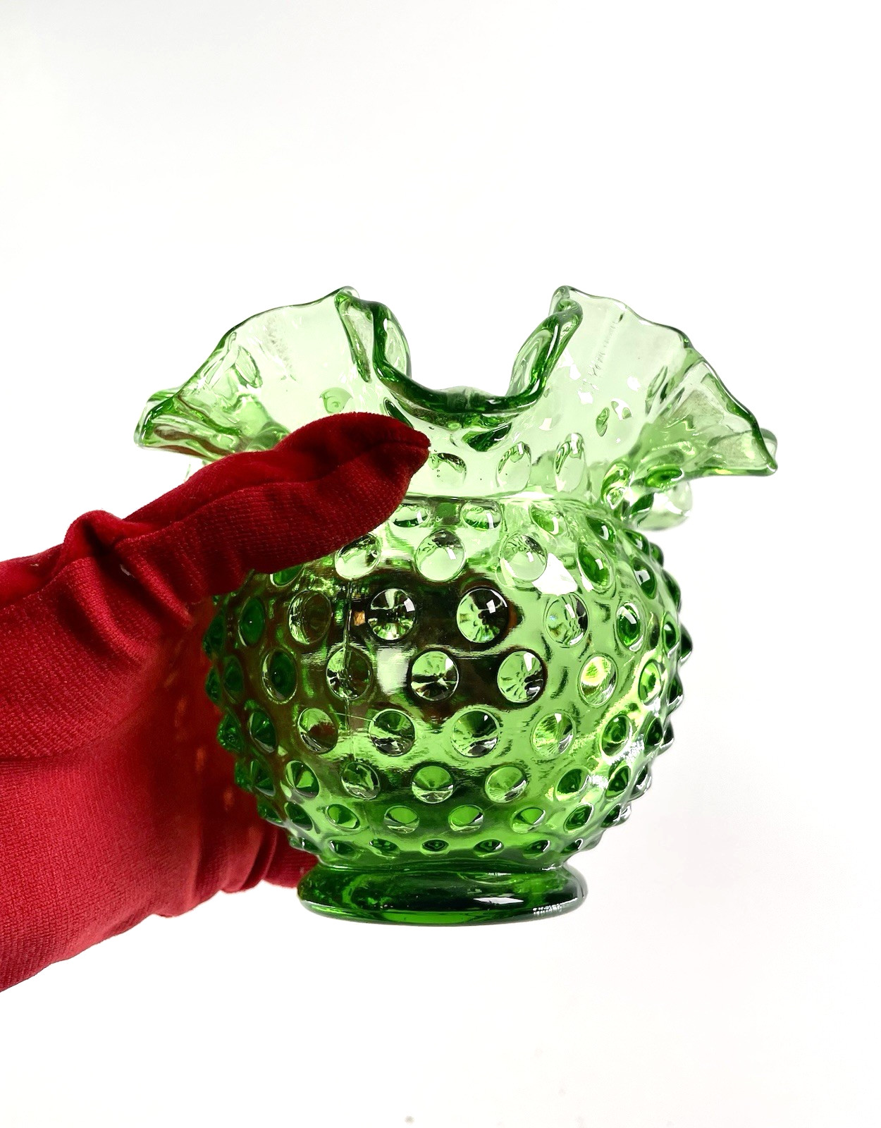 VTG Fenton Glass Vase Spring Time Green Hobnail RoseBowl Ruffled Edge 4” MARKED