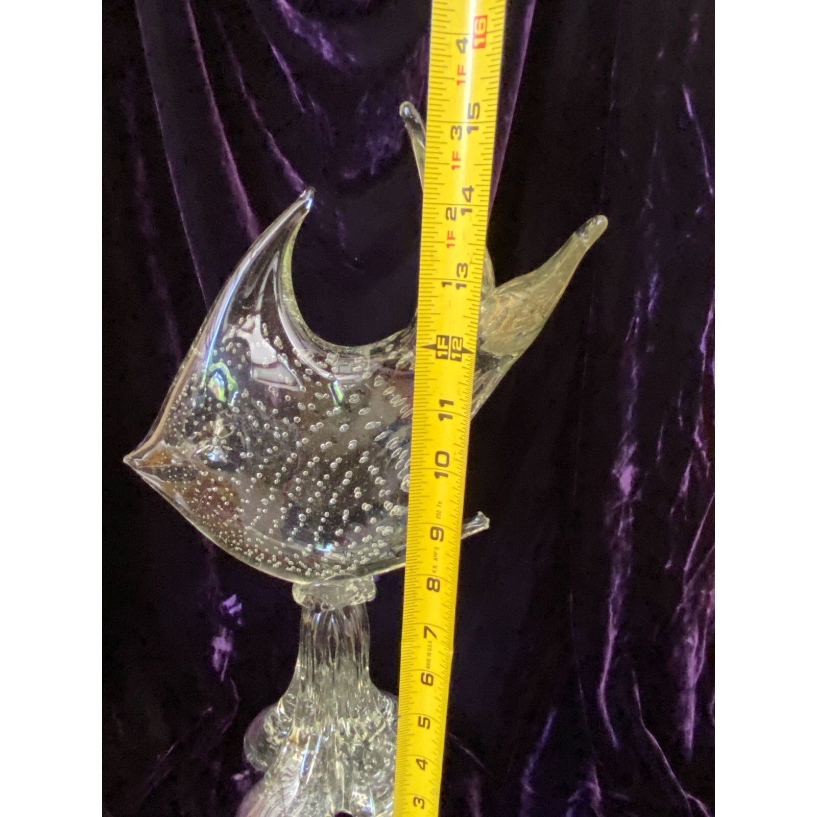 Beautiful Controlled Bubble Large Angelfish Clear Hand Blown Glass Sz. 15″ 8lbs