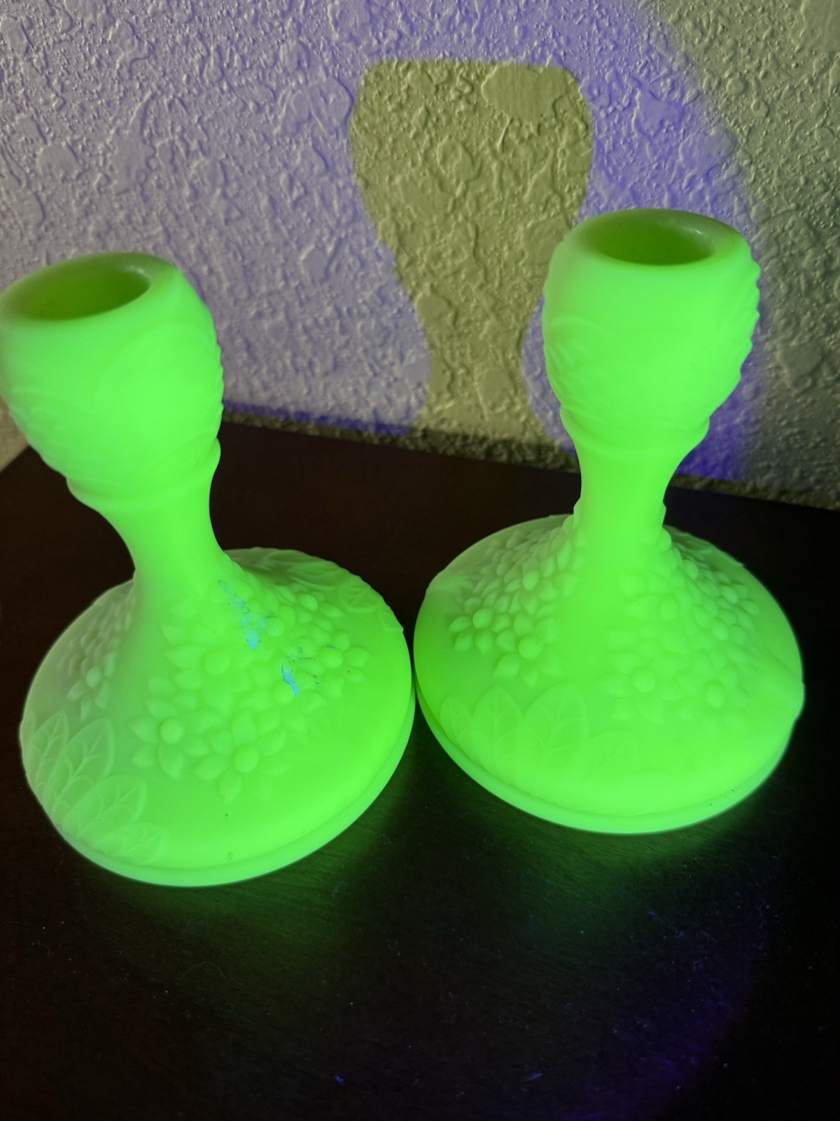 Fenton jadite Art Glass Uranium Jade Candlestick Orange Trees in bloom