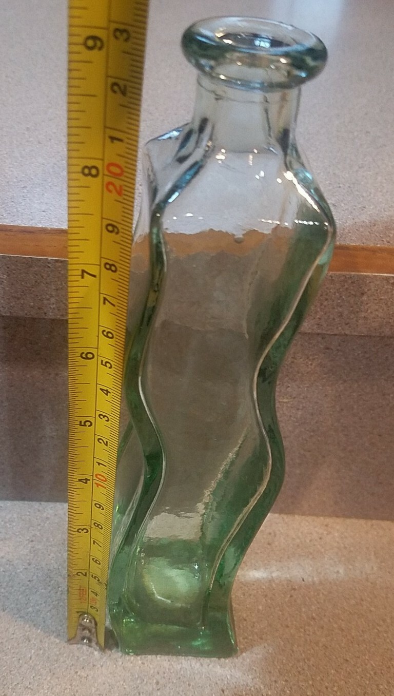 Vintage Curved Glass Bottle Green Tint Made In Spain Recycled Glass 9″ Vase