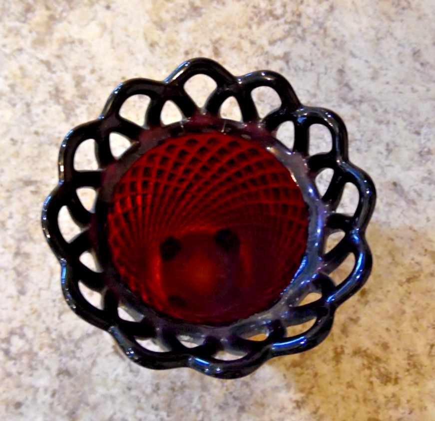 Vintage Imperial Glass Vase Diamond Point Pattern Ruby Red Open Lace Rim